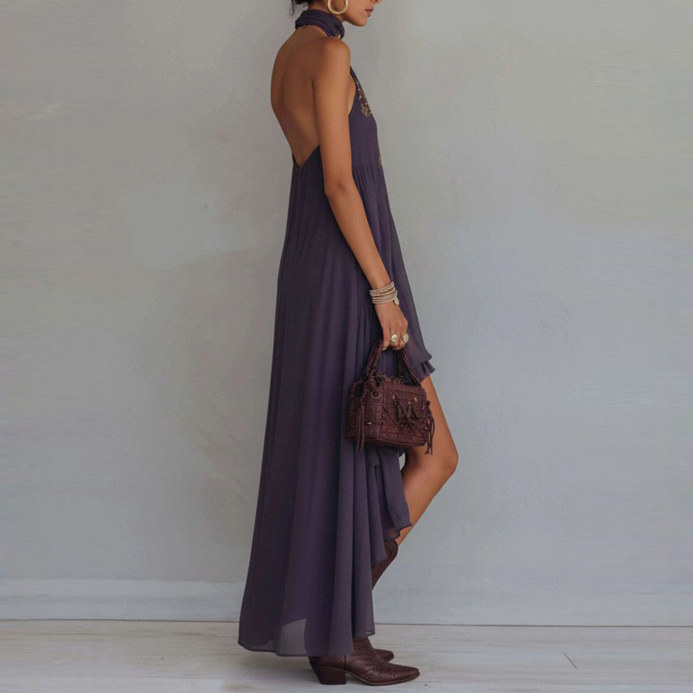 Purple High Neck Sleeveless Ruffle Maxi Dress