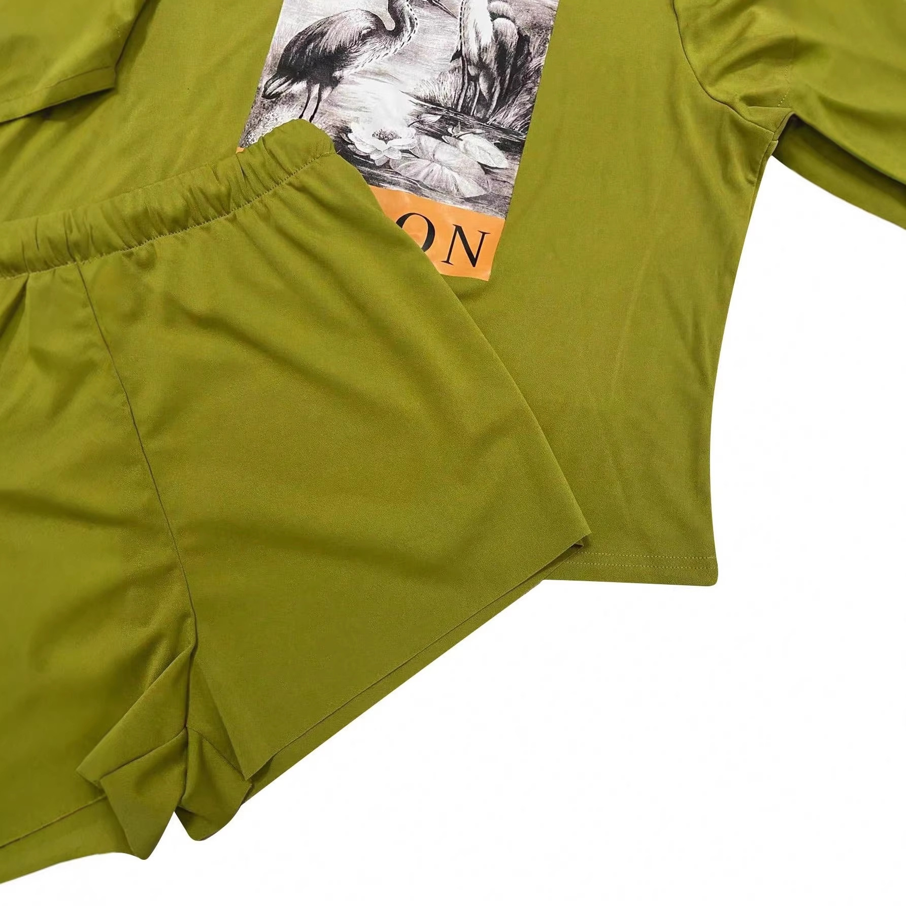 Crane Print Short Sleeve T-Shirt and Drawstring Shorts Set