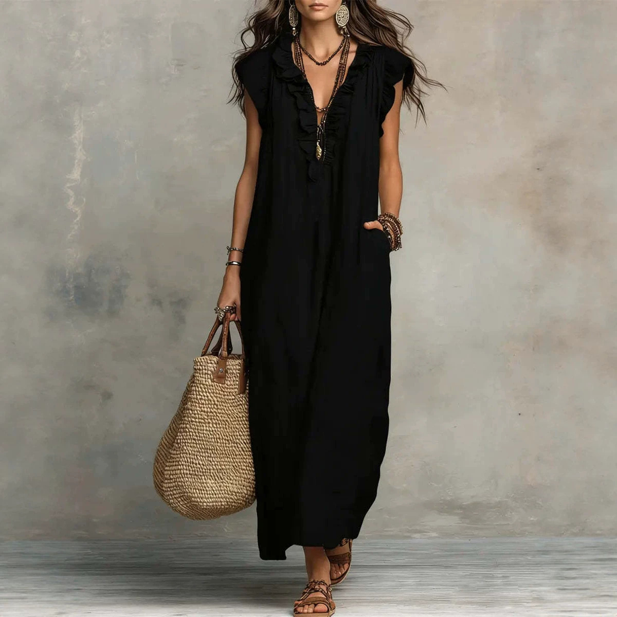 Women's Solid Ruffle Deep V-Neck Sleeveless Loose Casual Dress