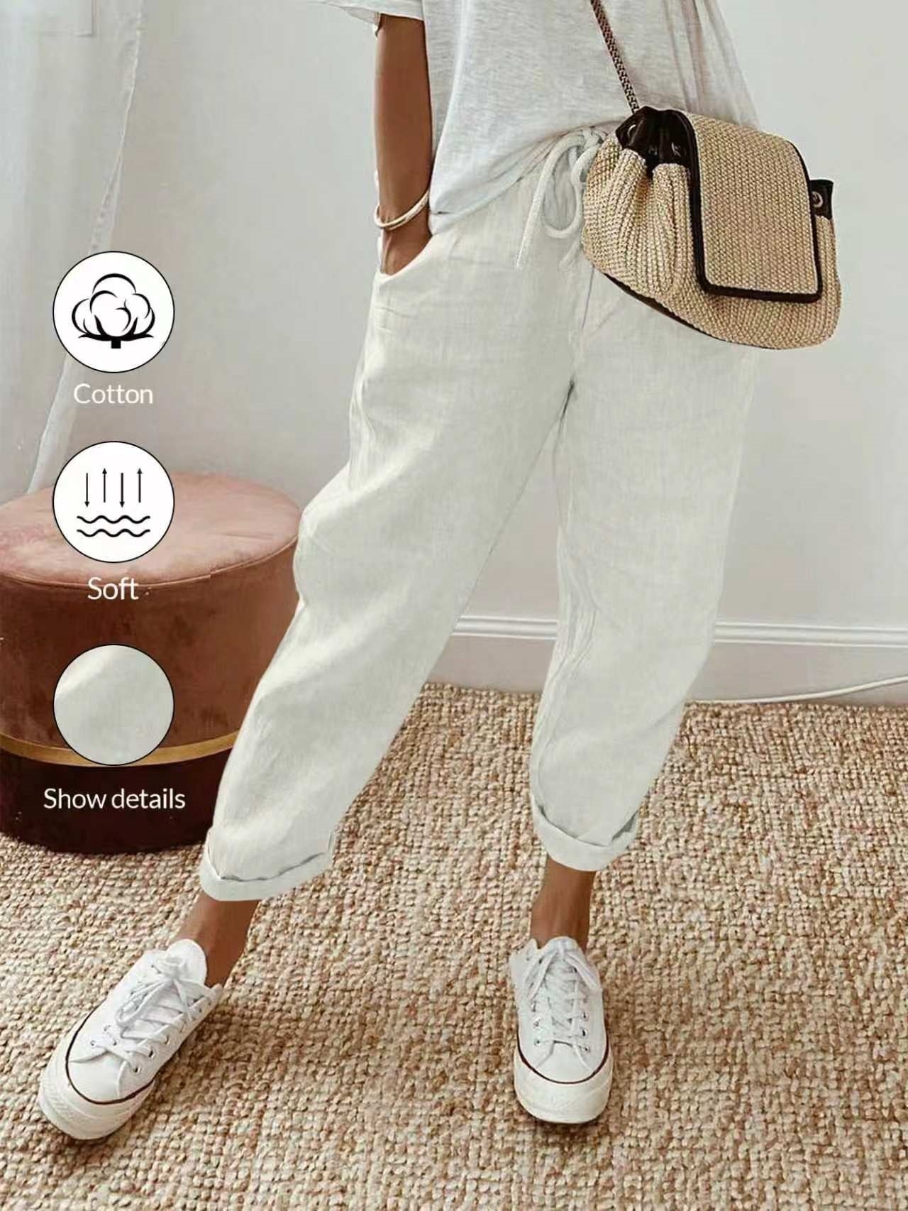 Women's Cotton Linen Cropped Pants with Pockets and Elastic Waist, Loose Casual