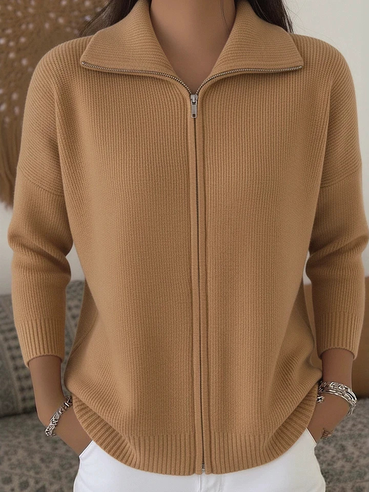Women's Zip-Up Knit Cardigan Sweater with Collar, Solid Color, Loose Fit