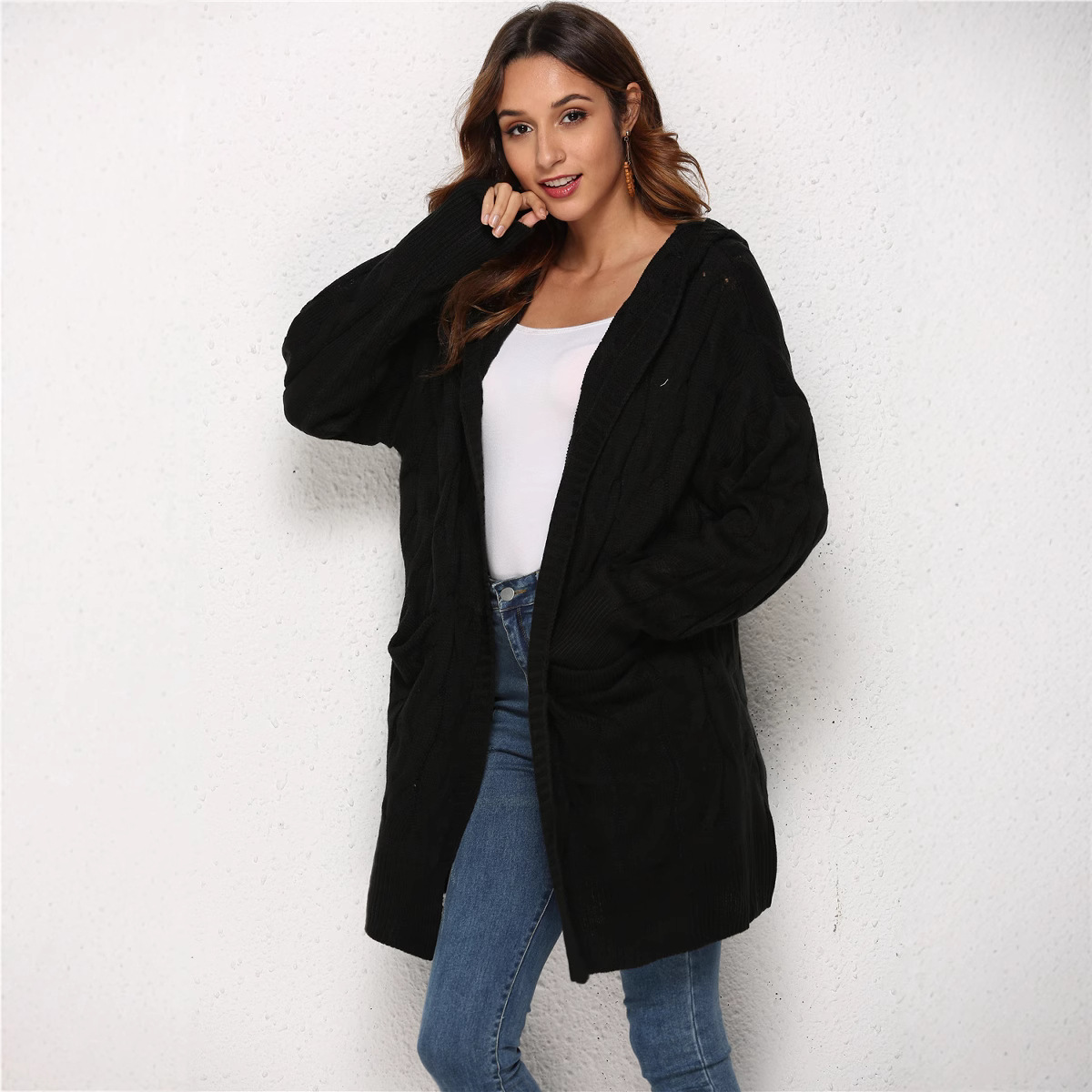 Cable-Knit Hooded Cardigan Sweater, Loose Batwing Sleeve, Black, One Size
