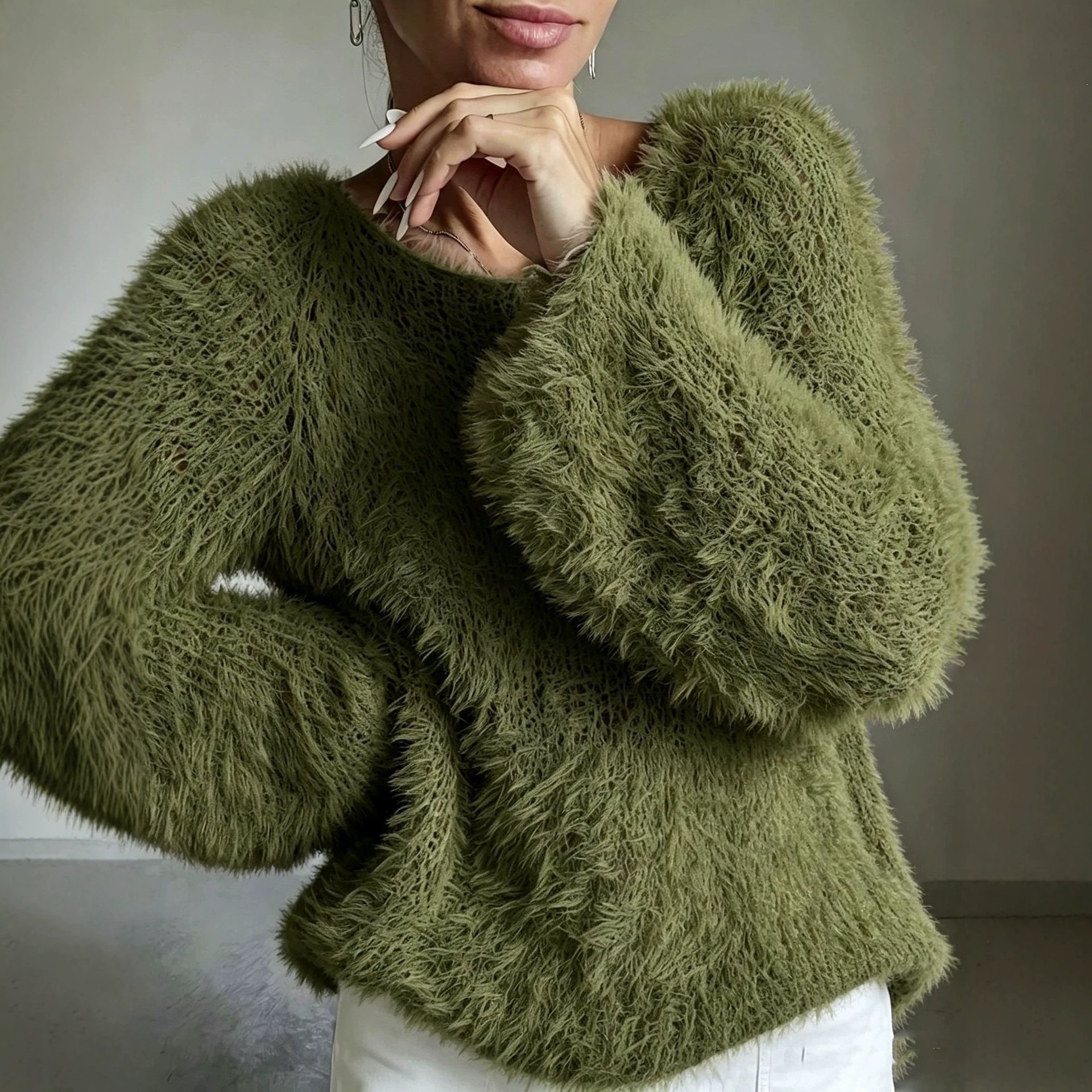 Macaron Color Crewneck Fluffy Long-Sleeve Top