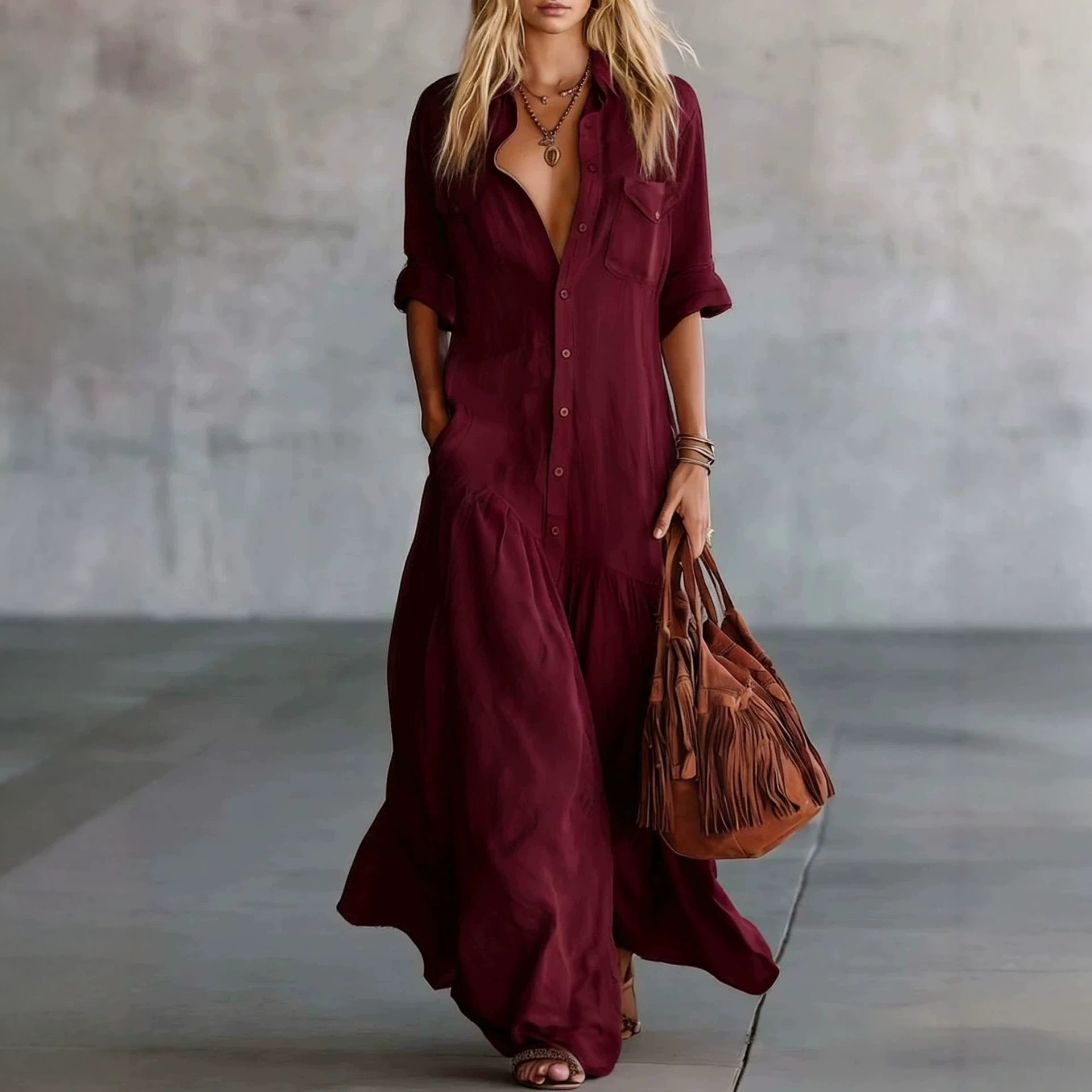 Women's Button-Front Short-Sleeve Solid Shirt Dress Casual Vacation Long Dress