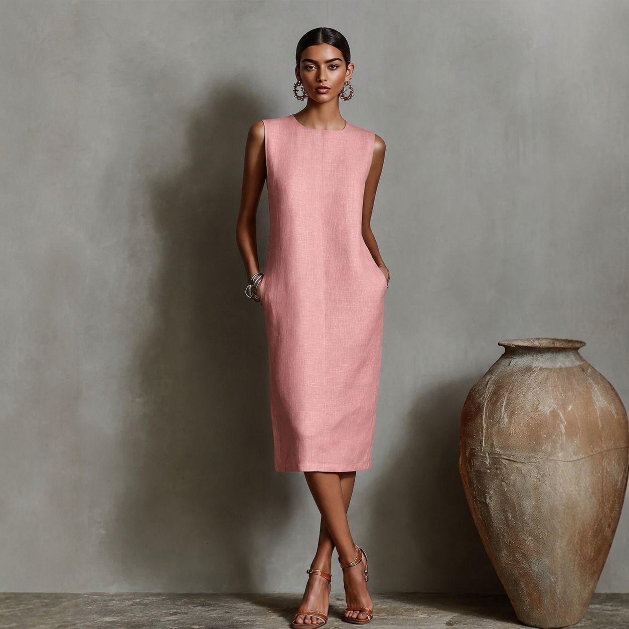 Women's Sleeveless Linen-Blend Midi Dress Round Neck A-Line