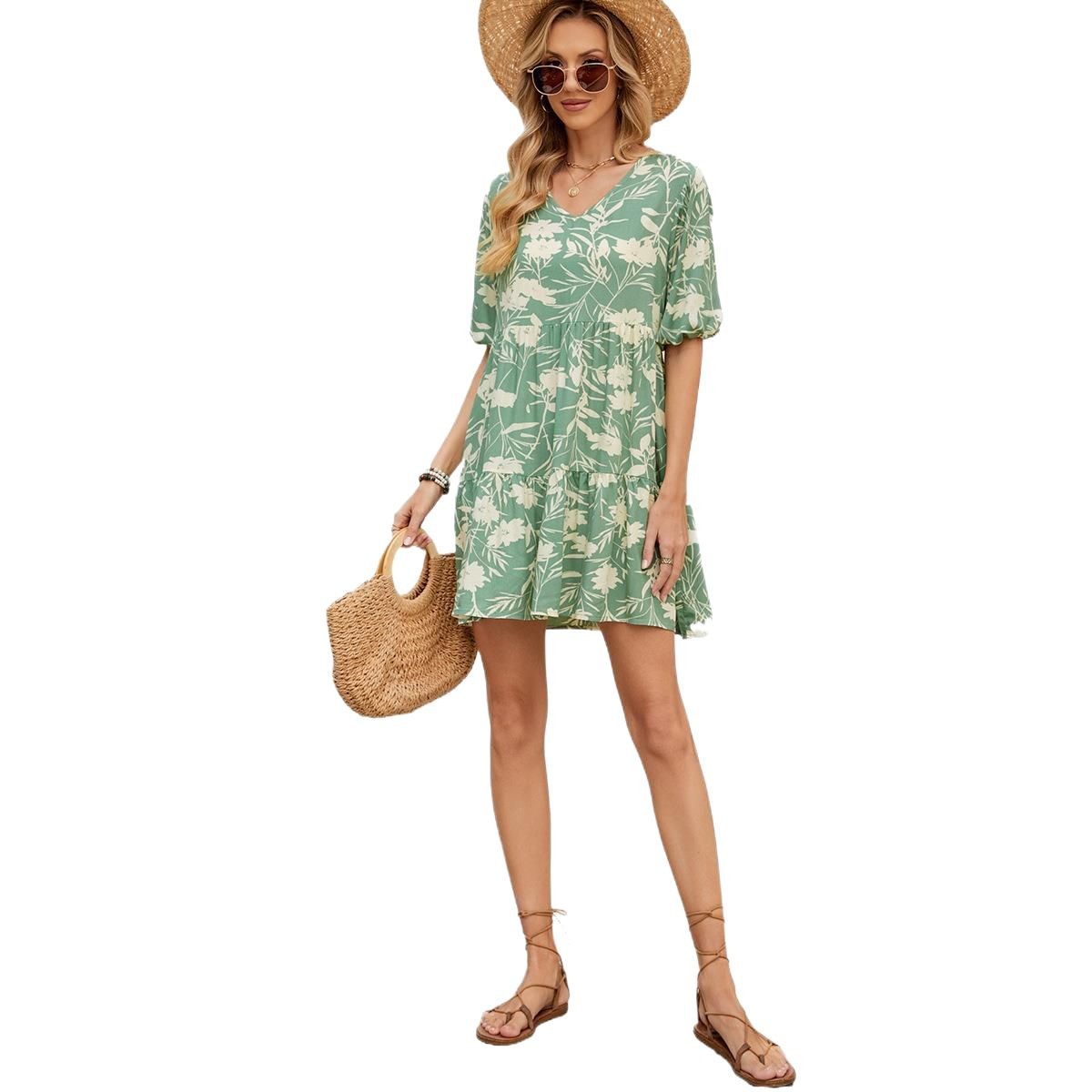 Printed V-Neck Loose Short Sleeve Dress