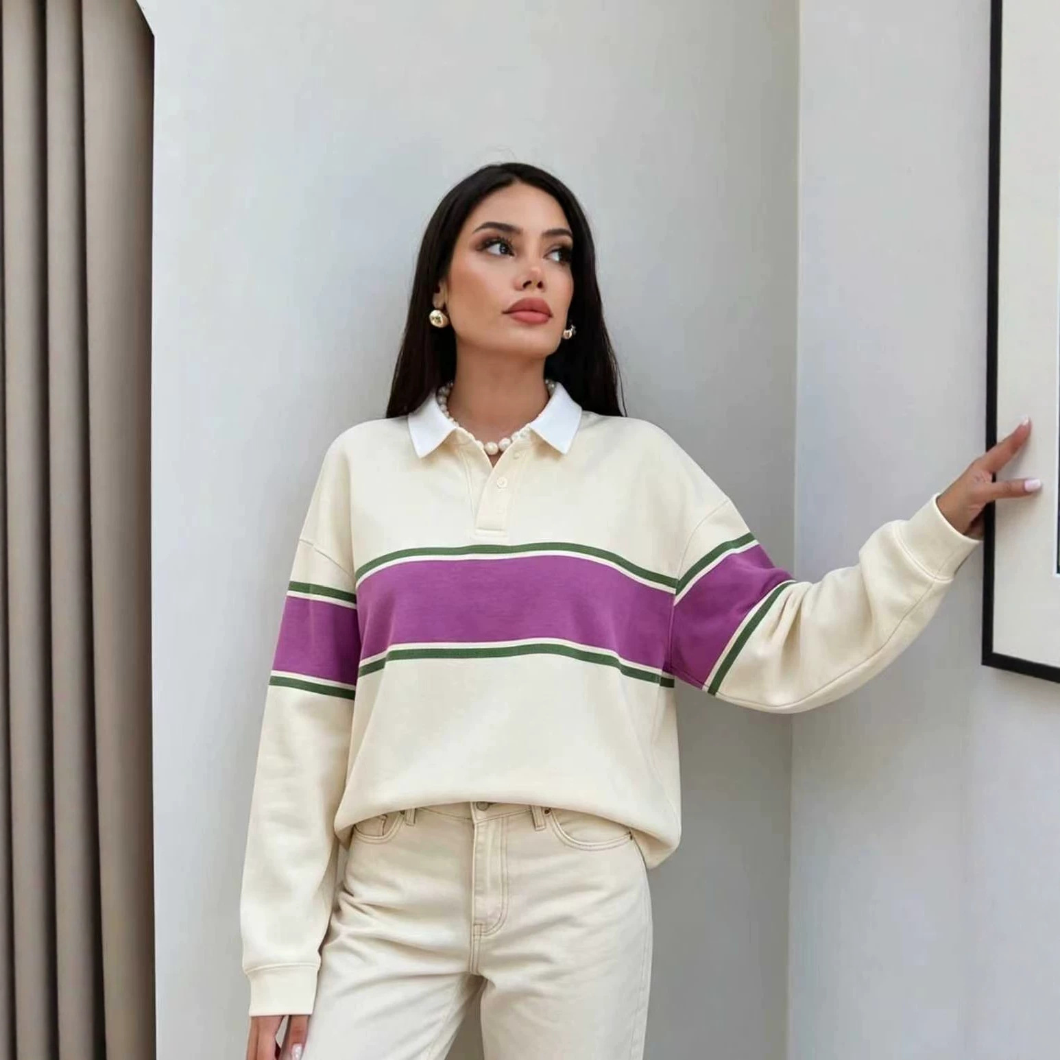 Color-Block Striped Stand-Collar Knit Cardigan