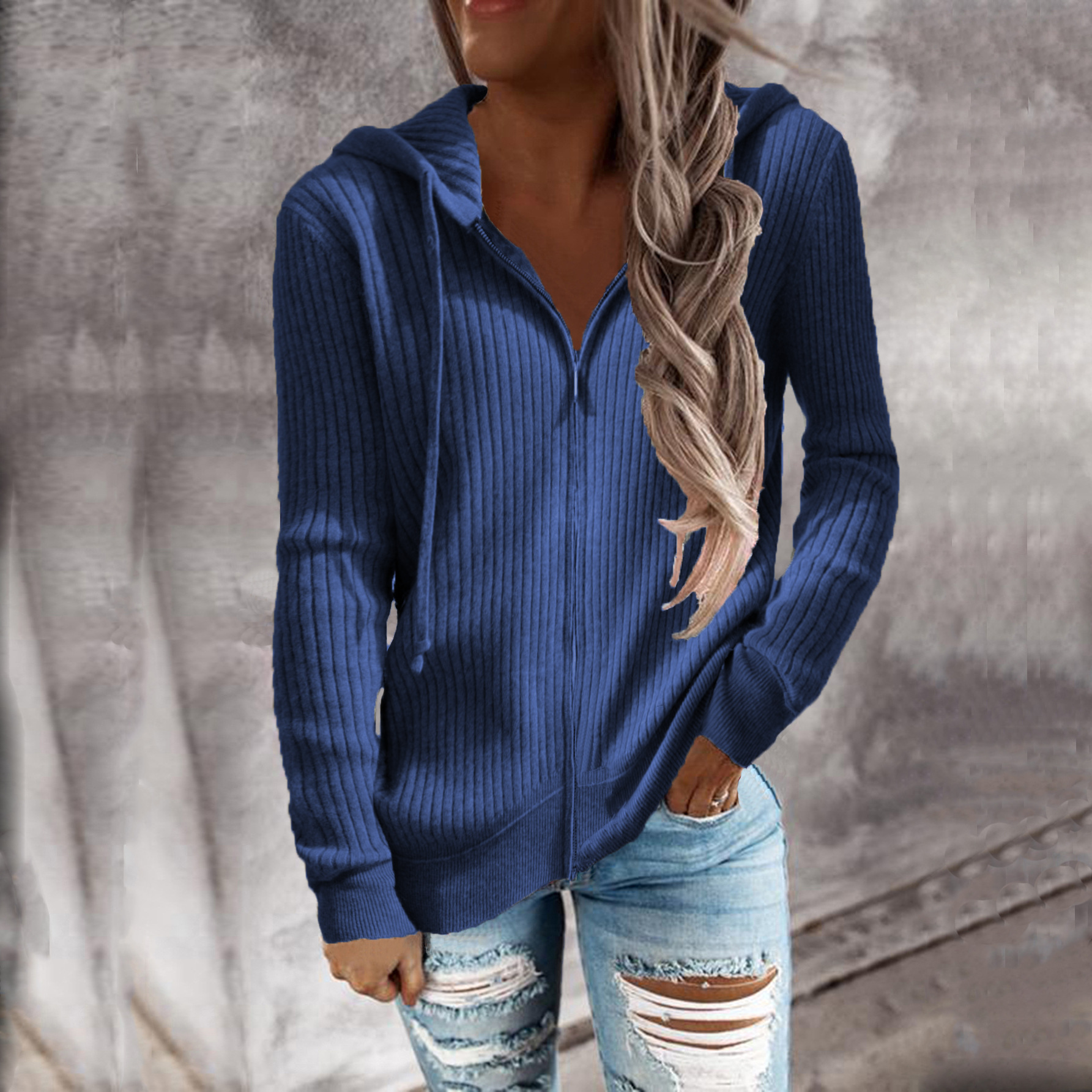 Striped Hooded Zip-Up Cardigan Sweater Women Loose Knit Long Sleeve