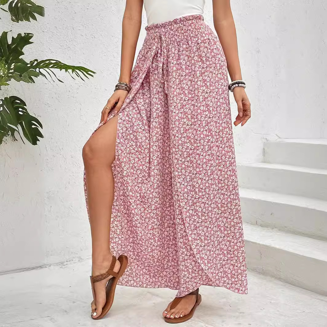 Floral Wide-Leg Skirt Pants with Side Slit