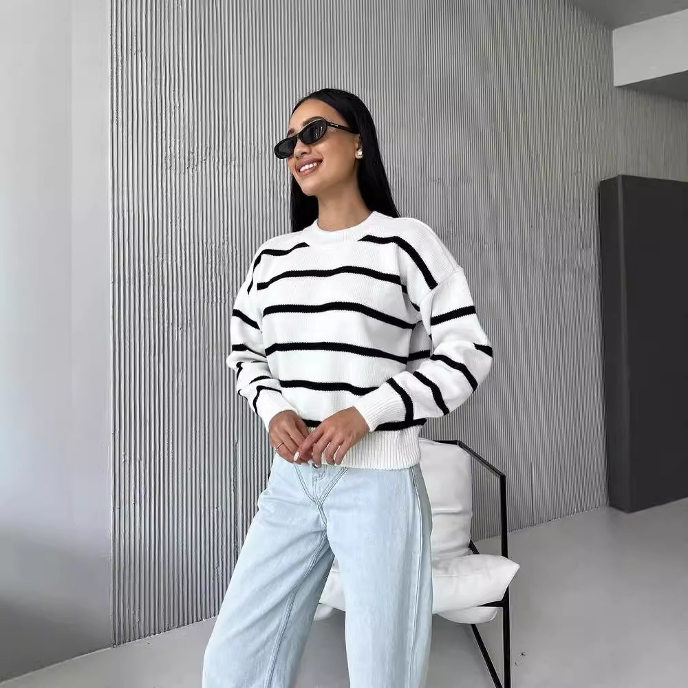 Striped Knit Sweater Crewneck Long Sleeve Colorblock Pullover