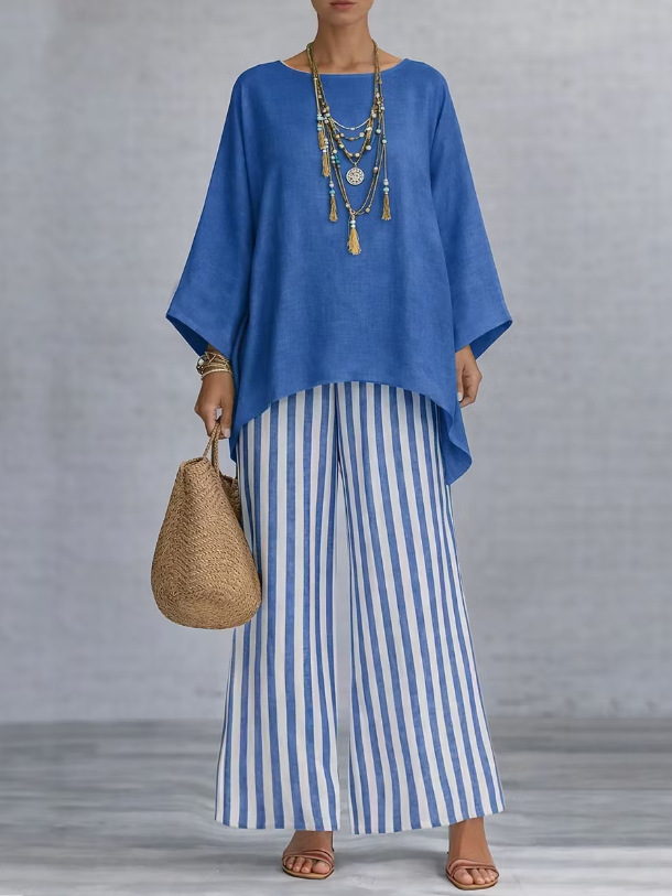 Women's Striped Print Cotton-Blend Two-Piece Set with Loose Collared Top and High-Waist Wide-Leg Pants