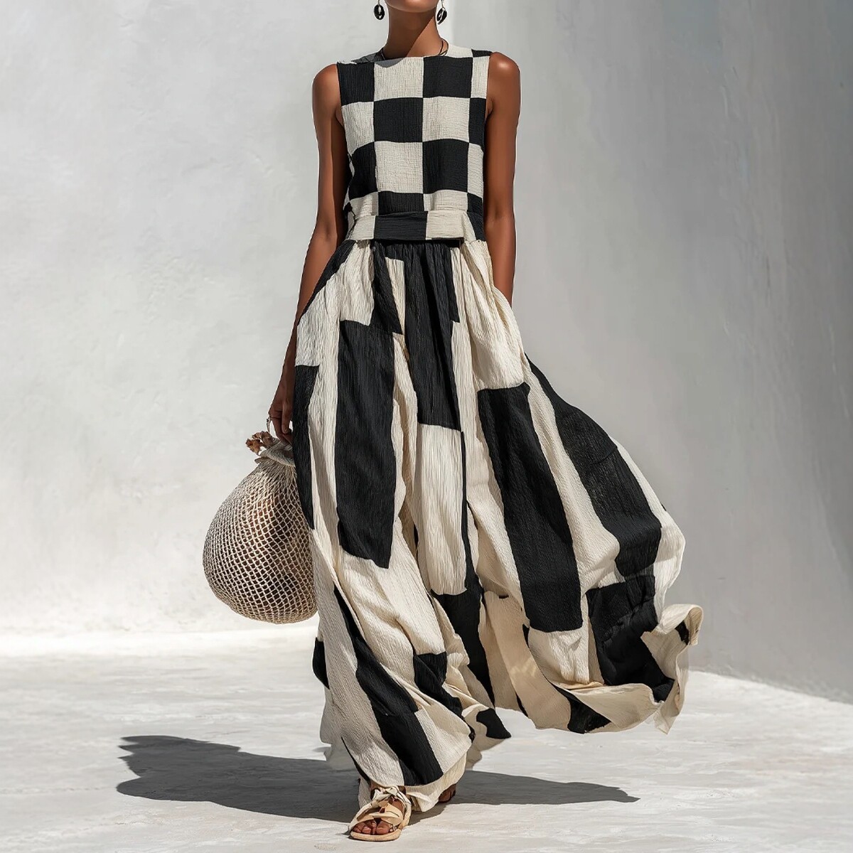 Black and White Plaid Sleeveless A-Line Maxi Dress