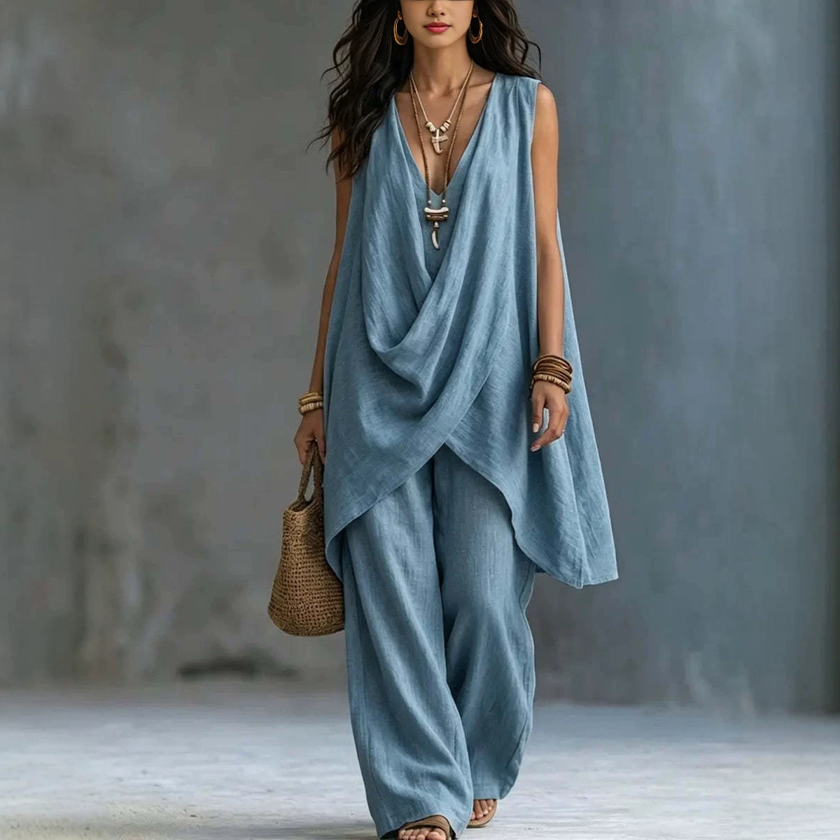 Women's Sleeveless Cross V-Neck Loose Top and Wide-Leg Pants Two-Piece Set