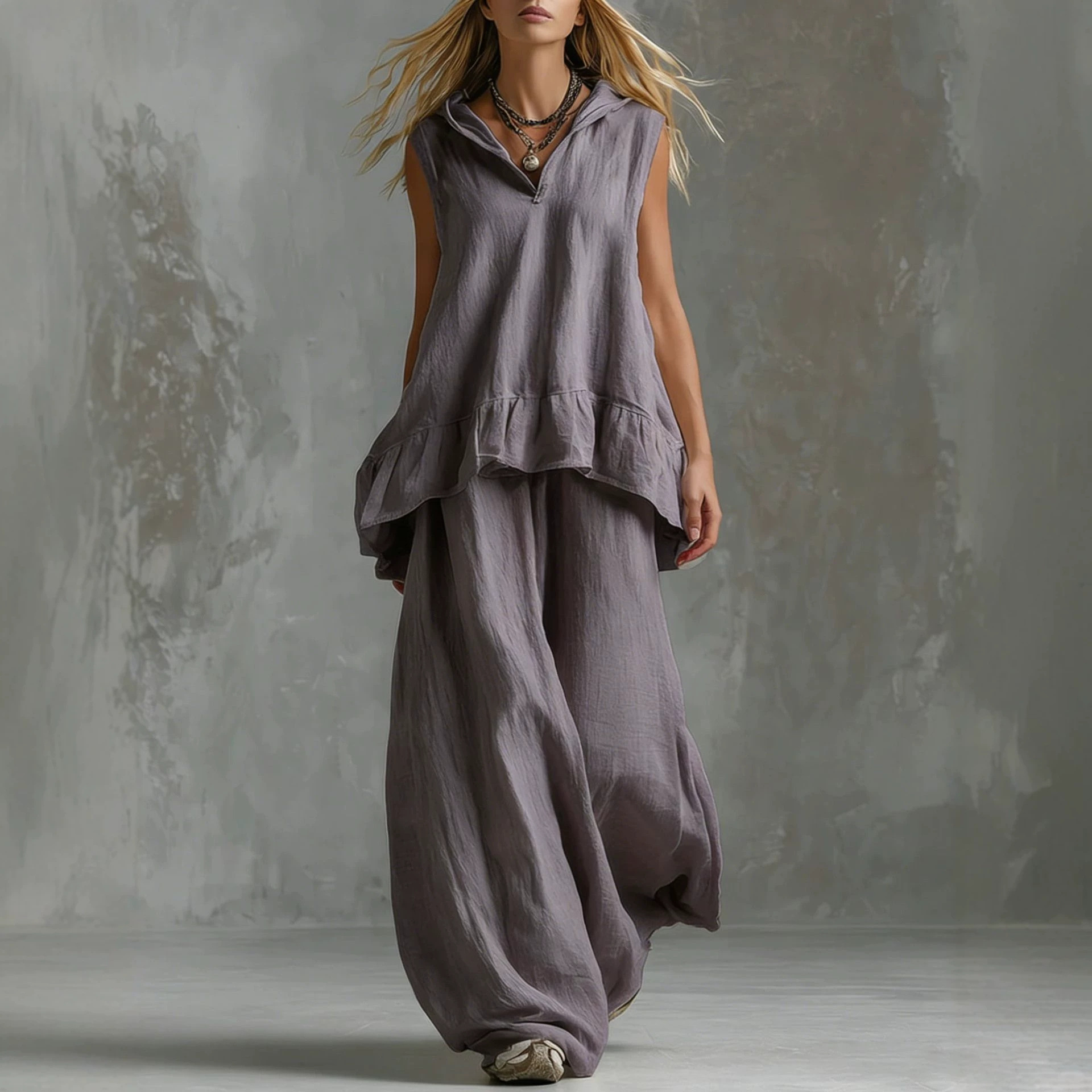 Women's Solid V-Neck Sleeveless Top and Wide-Leg Pants Casual Two-Piece Set