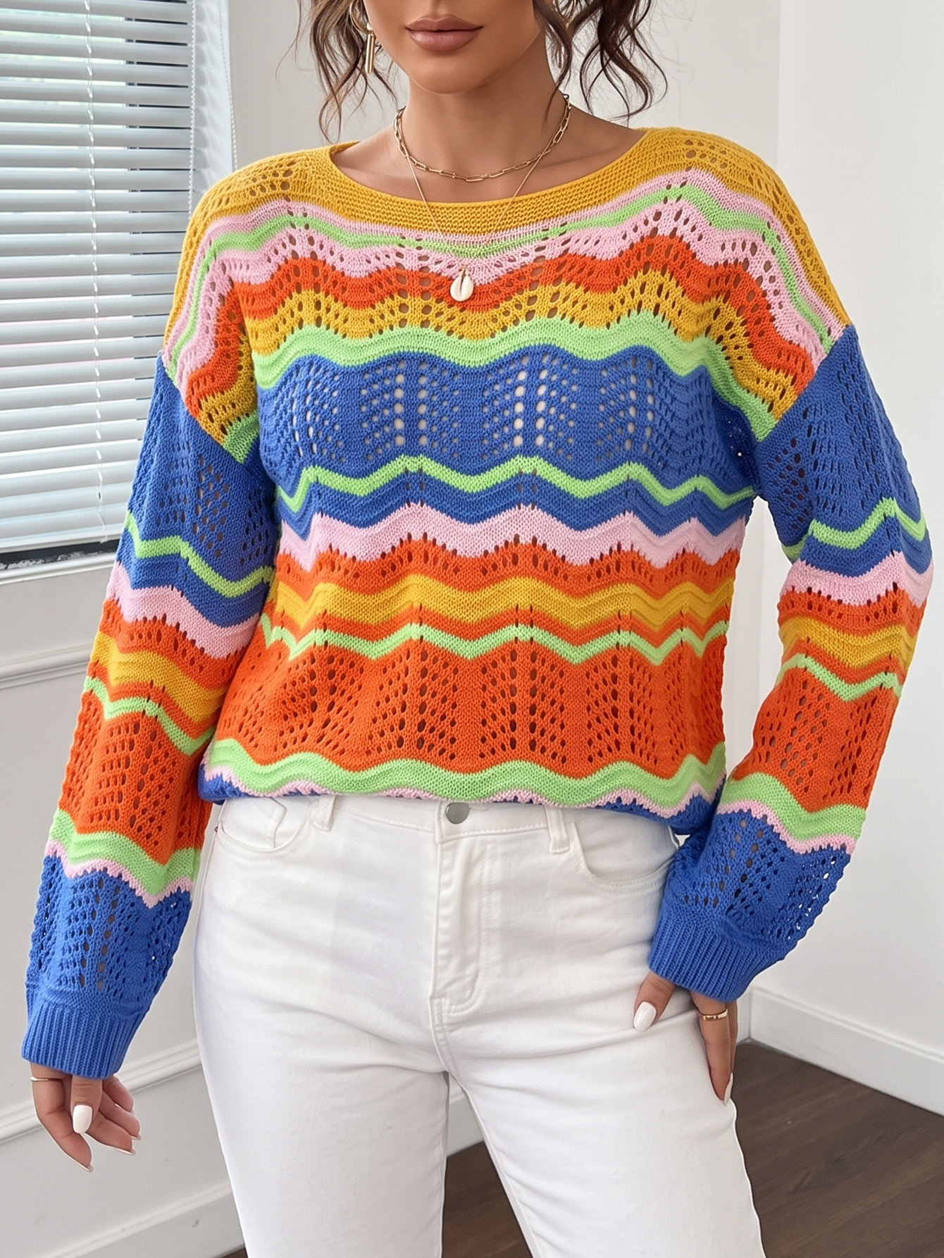 Women's Rainbow Striped Color-Block Open-Knit Pullover Sweater