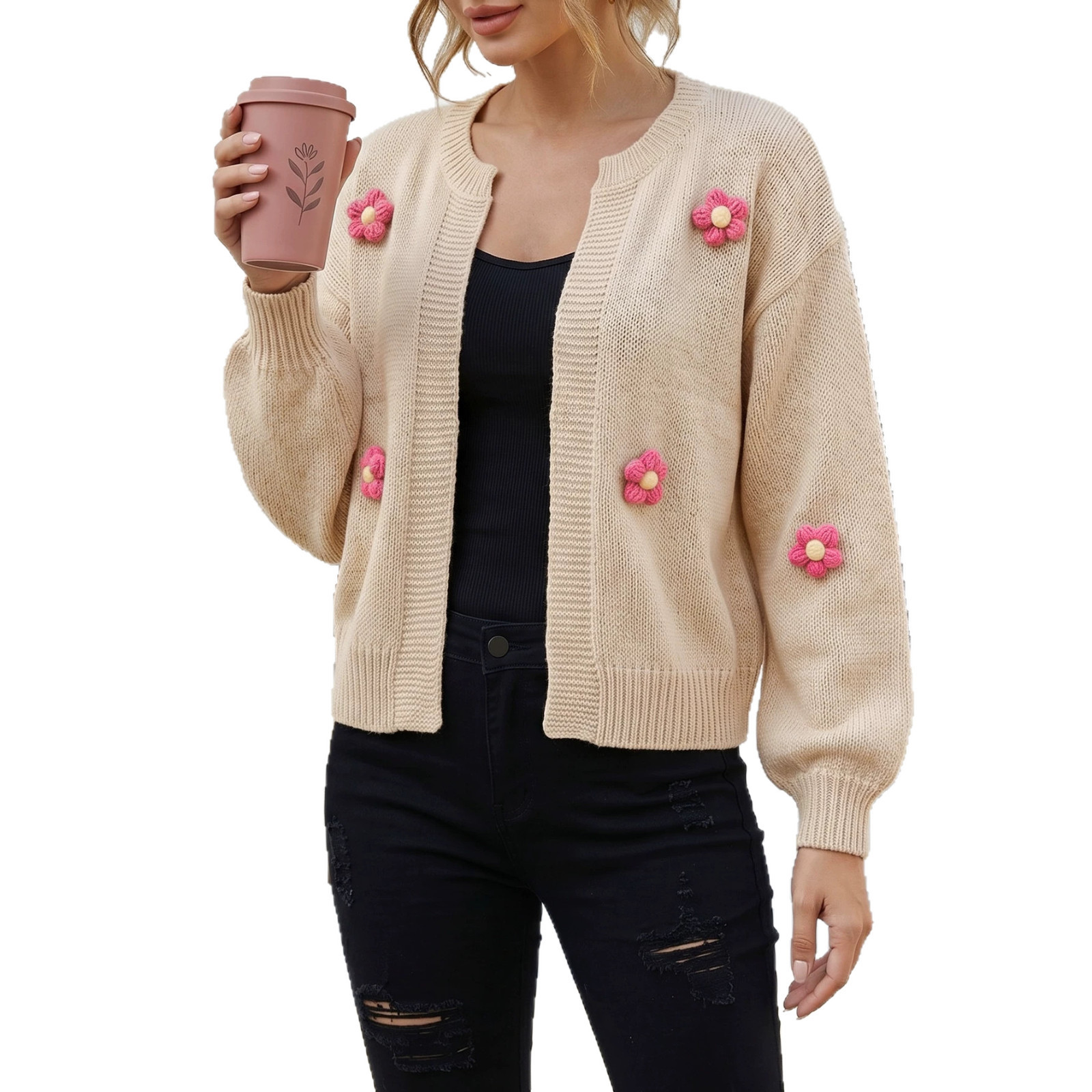 Hand-Crochet Floral Knit Cardigan Sweater