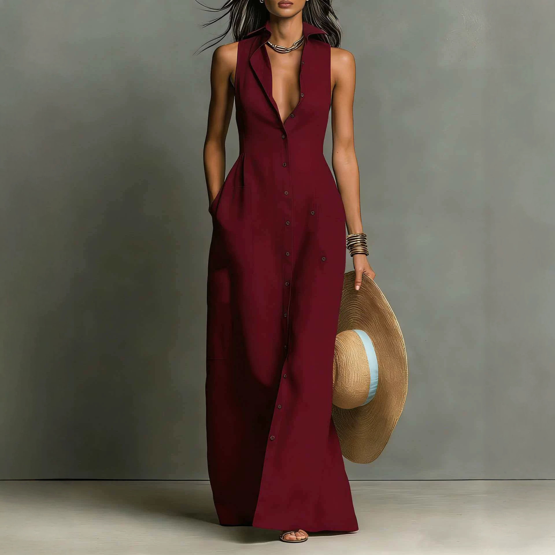 Solid V-Neck Sleeveless Shirt Dress