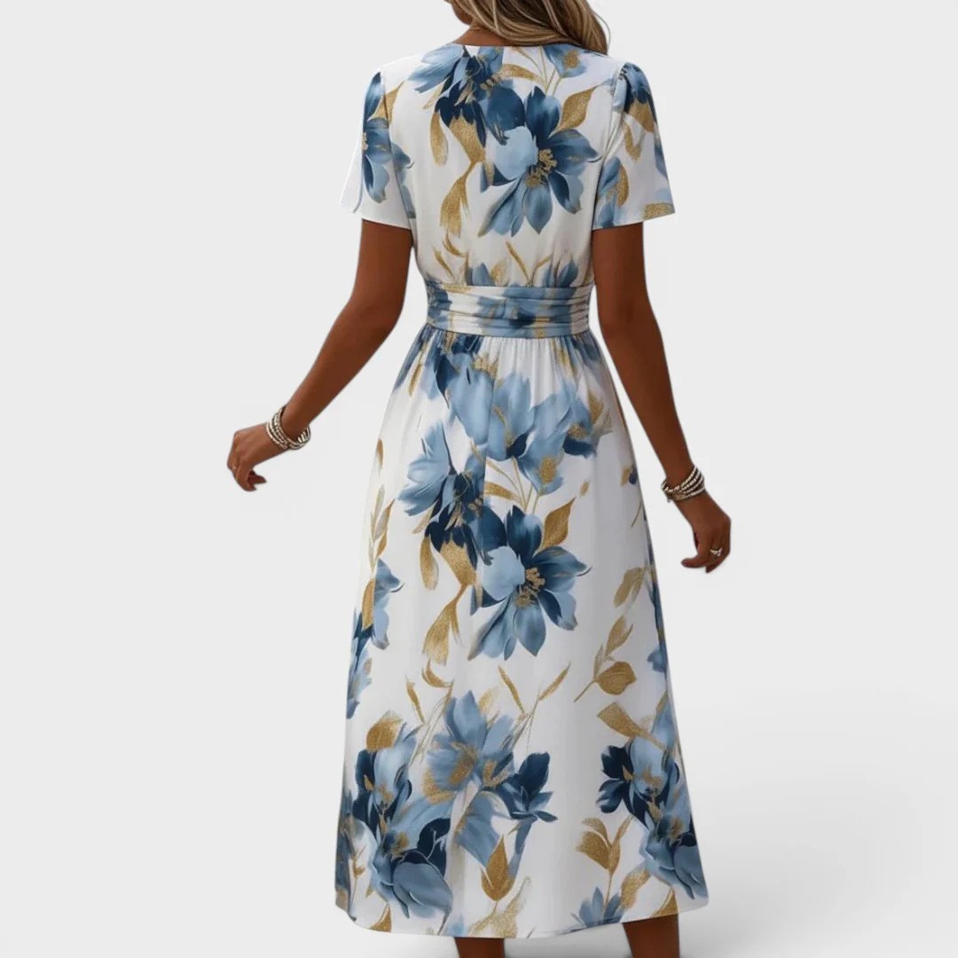 Women's Floral Print V-Neck Short Sleeve Slim Fit Dress