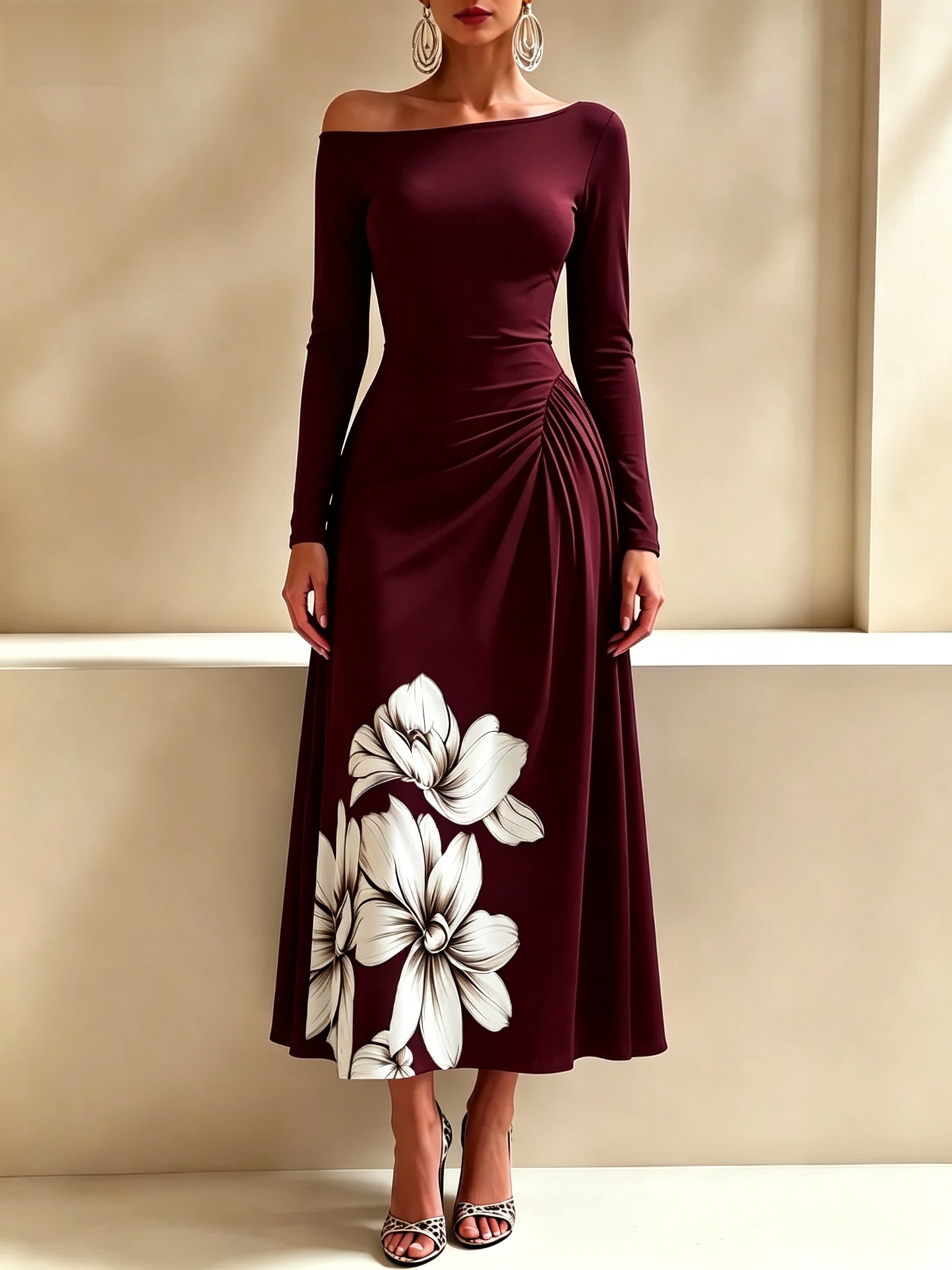 Off-Shoulder Floral Print Maxi Dress with Side Waist Ruching