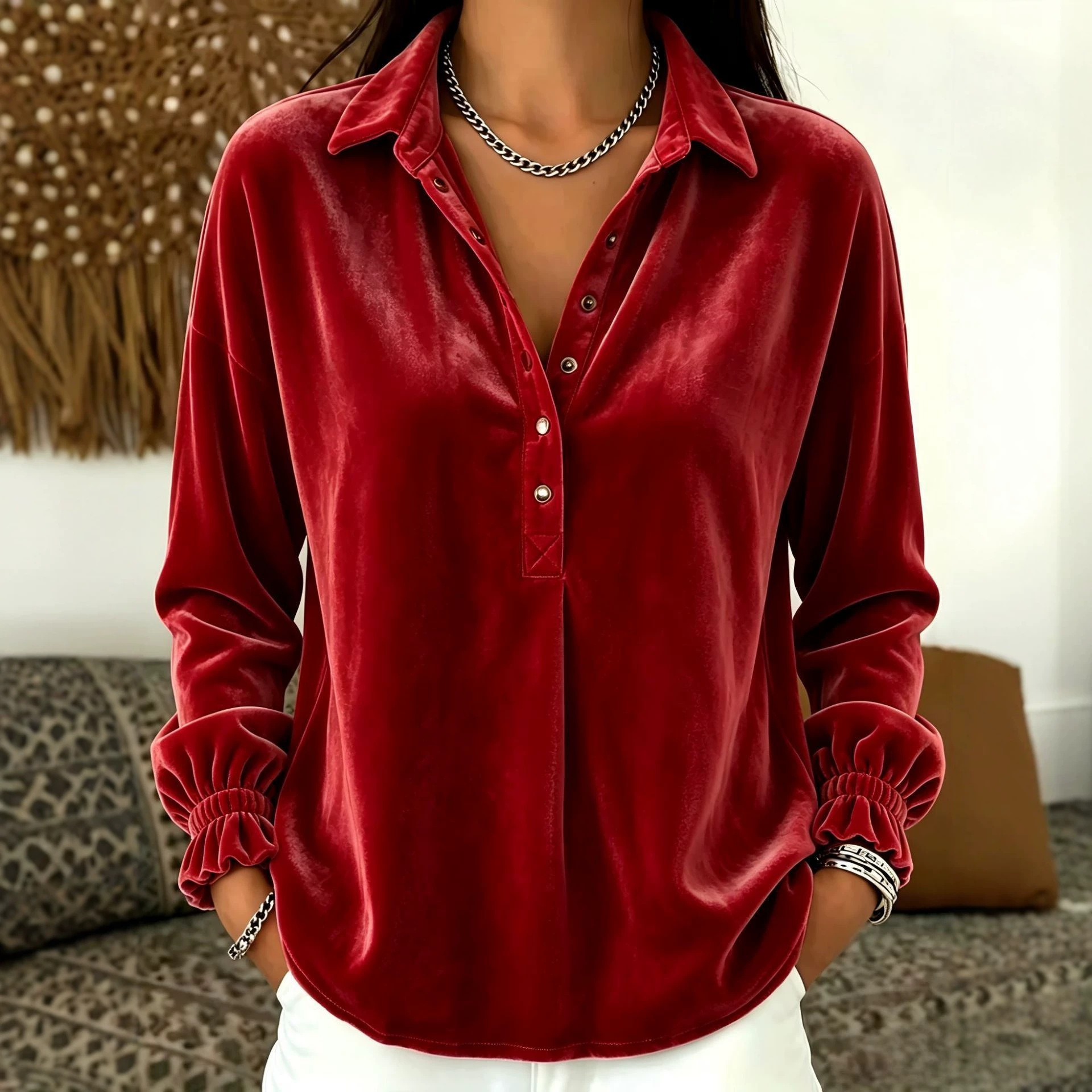 Velvet Button-Front Polo Sweatshirt Long-Sleeve Loose Fit Top