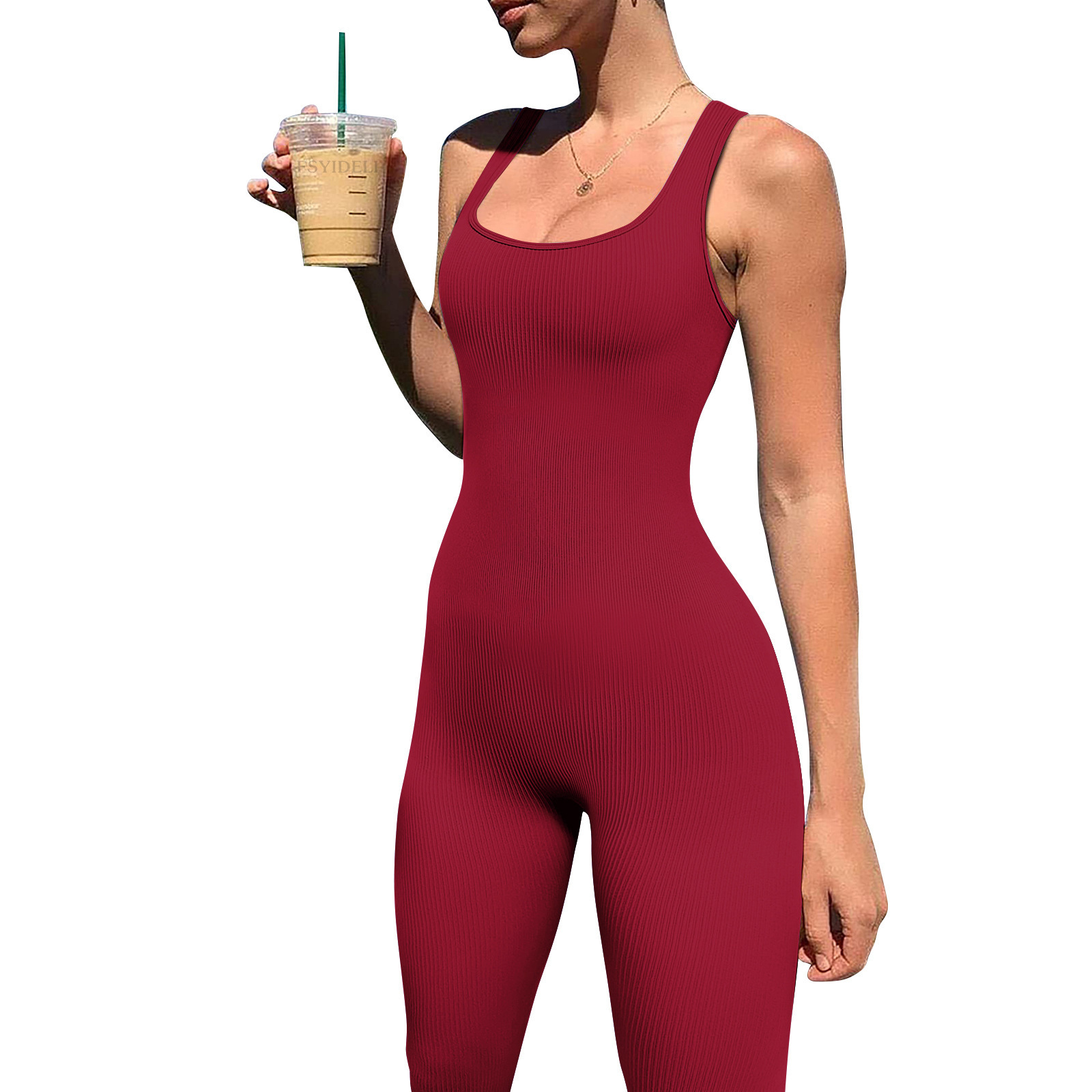 Solid Ribbed Square Neck Sleeveless Backless Bodysuit Jumpsuit