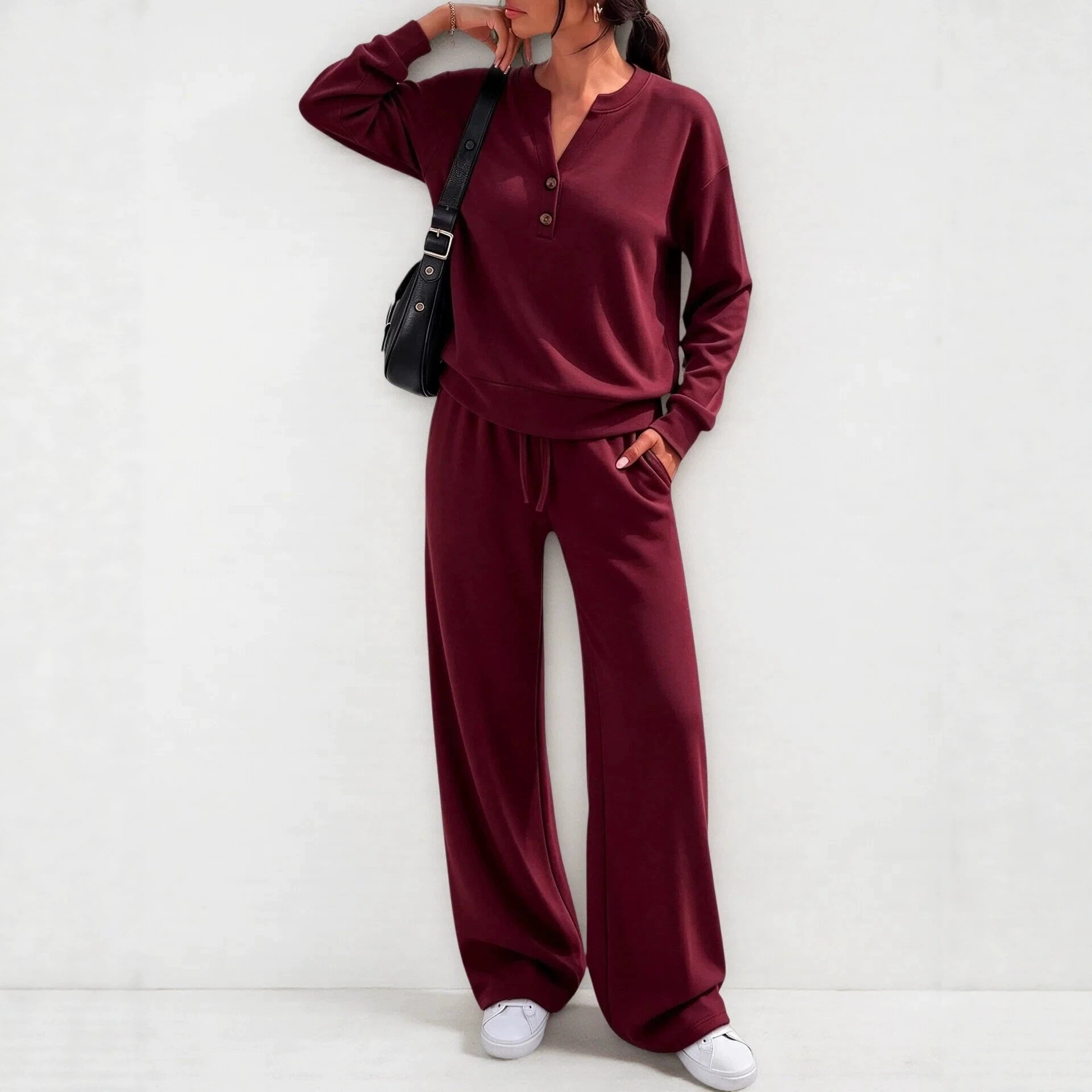 Women's Solid V-Neck Loose Wide-Leg Two-Piece Pants Set