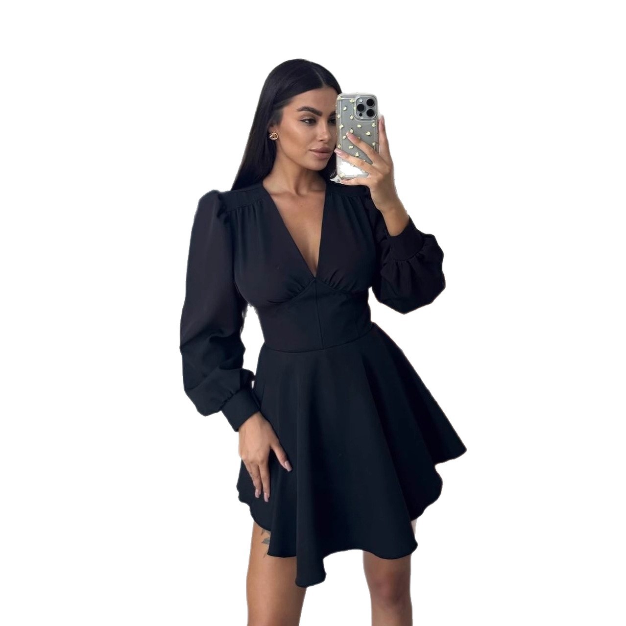 Women's V-Neck Puff Sleeve High Waist A-Line Dress