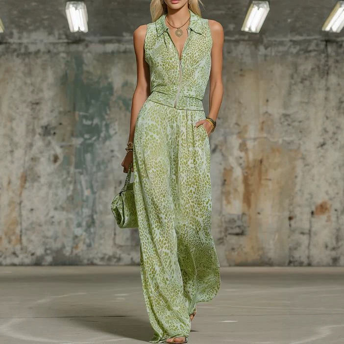 Retro Elegant Leopard Print Lapel Sleeveless Chiffon Top and Wide-Leg Pants Set