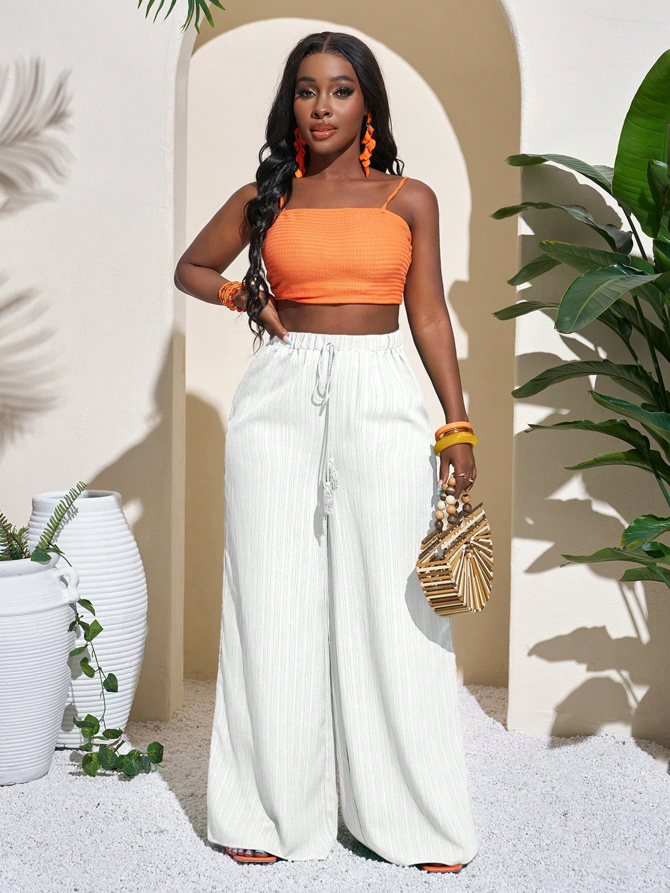 Women's High-Waist Wide-Leg Pants Casual Solid Color Drawstring