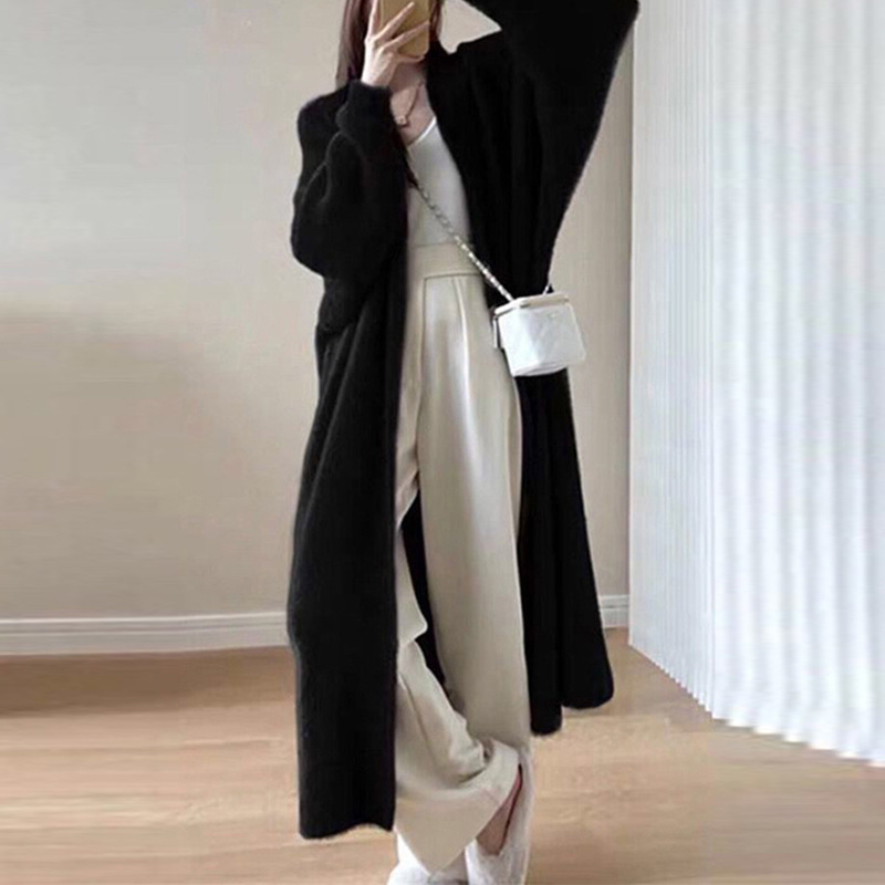 Women's Long Over-Knee Cardigan Sweater Loose Faux Mink Coat