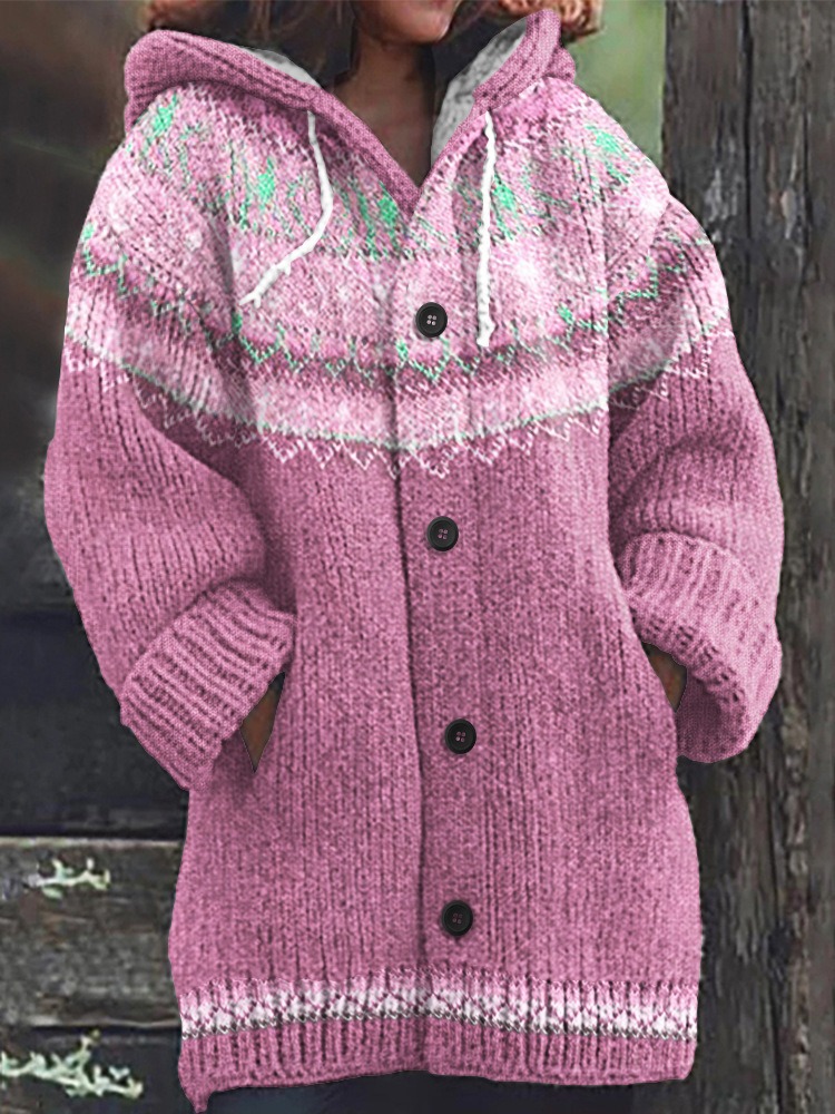 Women's Floral Leaf Print Hooded Button Cardigan Sweater