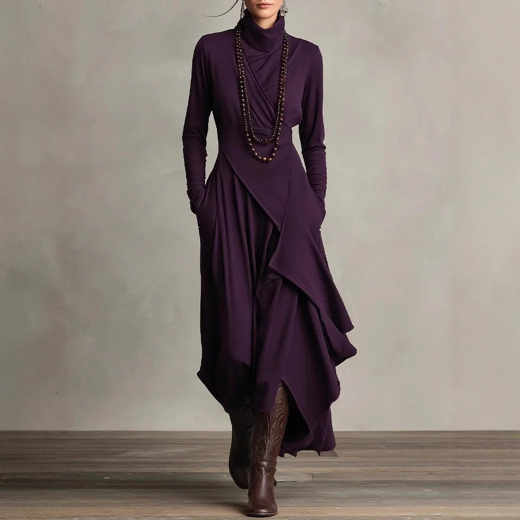 Women's Long Sleeve Cross Front High Neck A-Line Maxi Dress