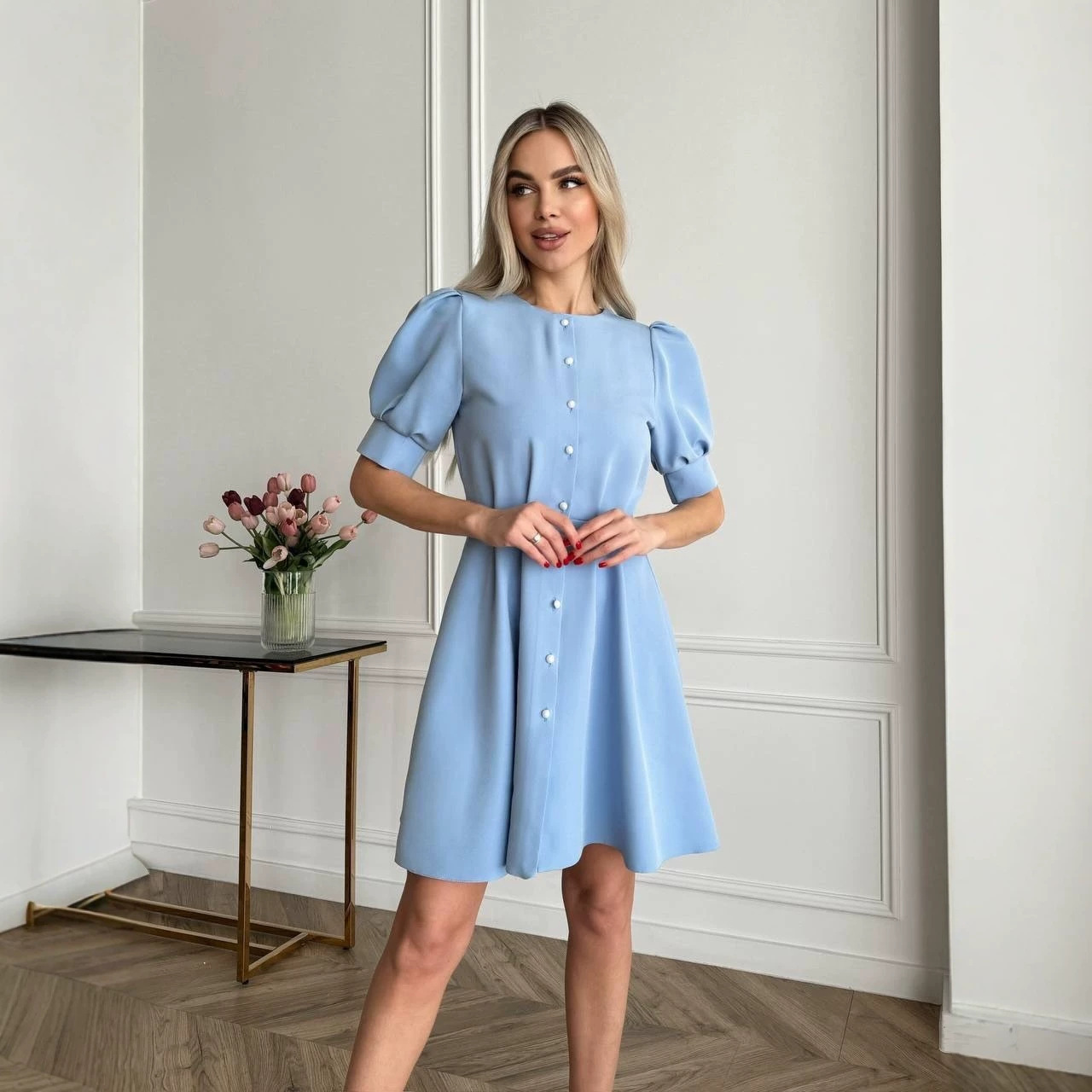 Round Neck Waist-Cinching Ruffle Short Sleeve Dress