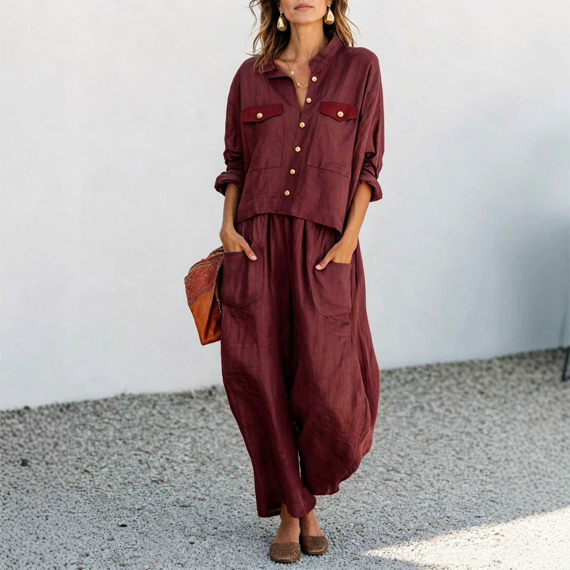 Women's Casual Loose Button Shirt and Wide-Leg Pants Two-Piece Set