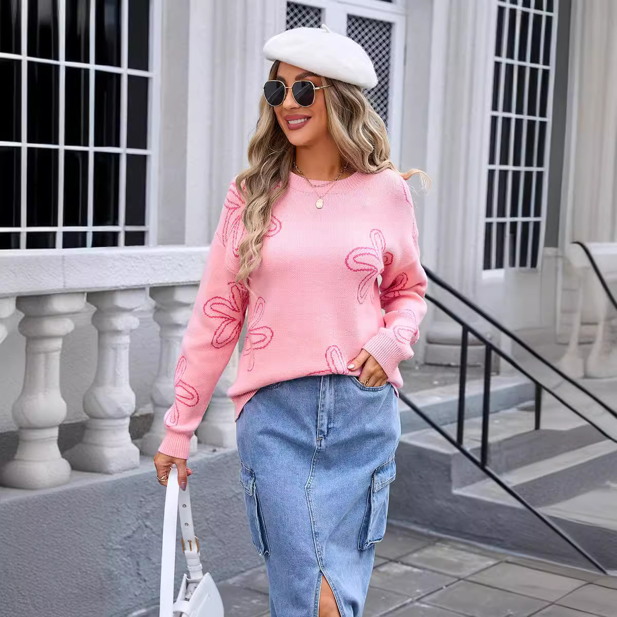 Floral Long-Sleeve Crewneck Knit Sweater