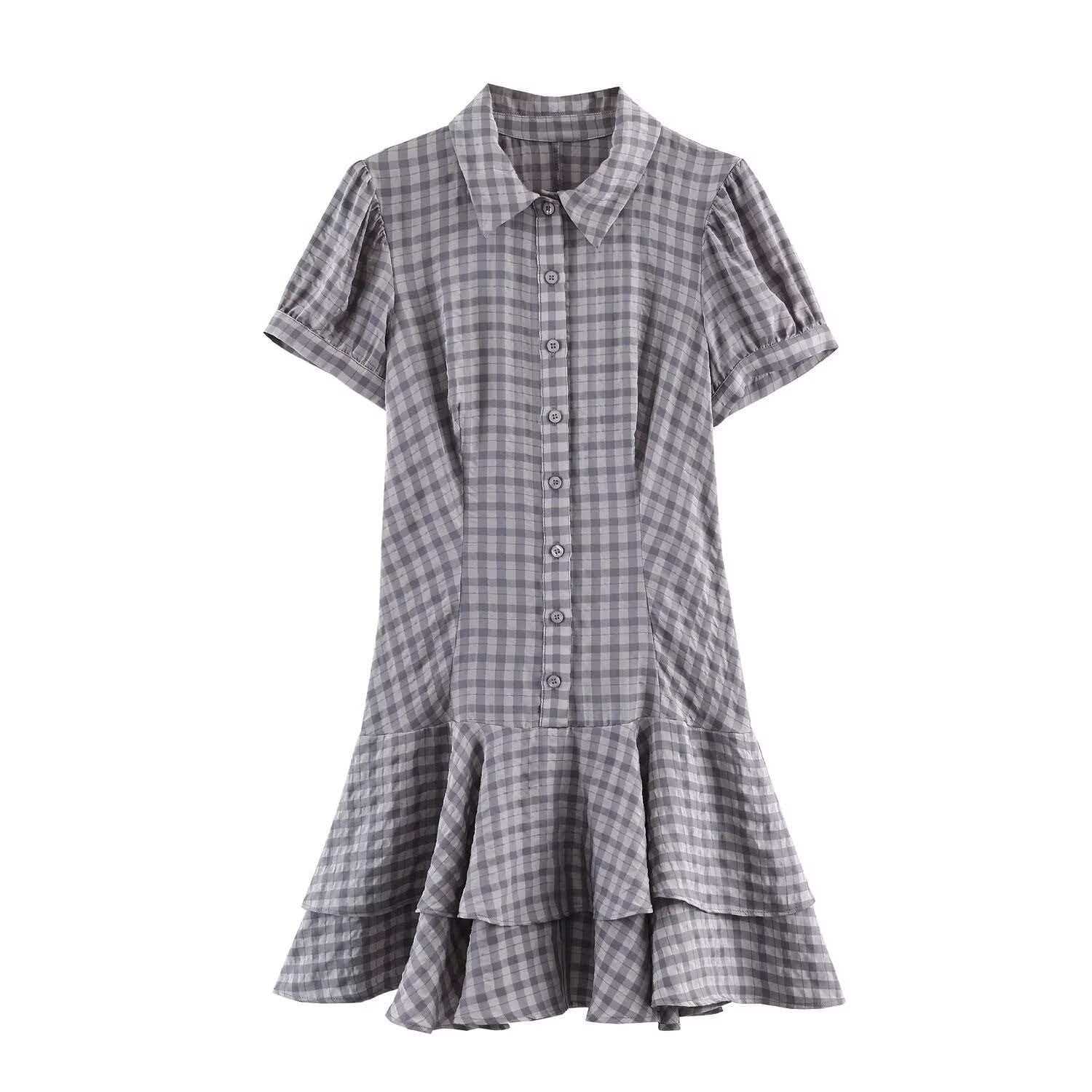 Women's Sweet Layered Plaid Short Dress with Belt