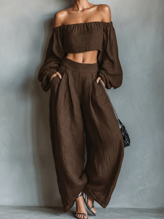 Women's Off-Shoulder Top & Wide-Leg Pants Set