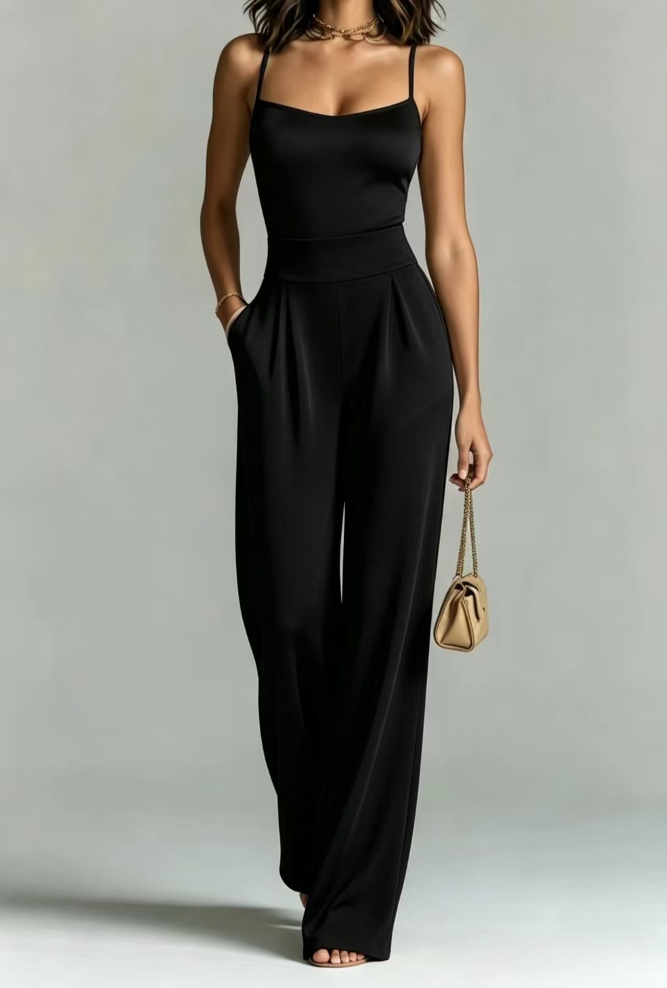 Women's Sleeveless Knit Jumpsuit with Pockets, Square Neck, Wide Leg, Cinched Waist