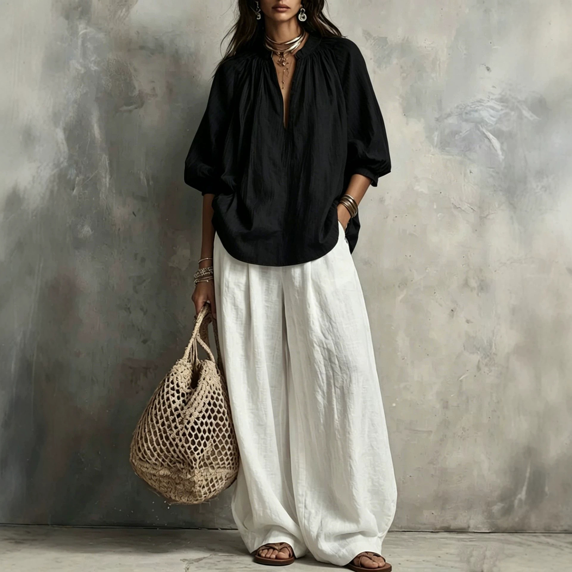 Boho V-Neck 3/4 Sleeve Shirt & Wide-Leg Pants Set