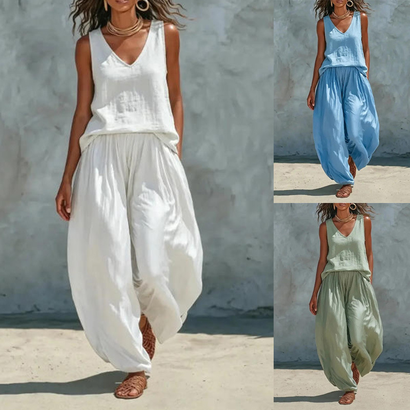 Women's Solid Linen Sleeveless Top and Wide-Leg Pants Set