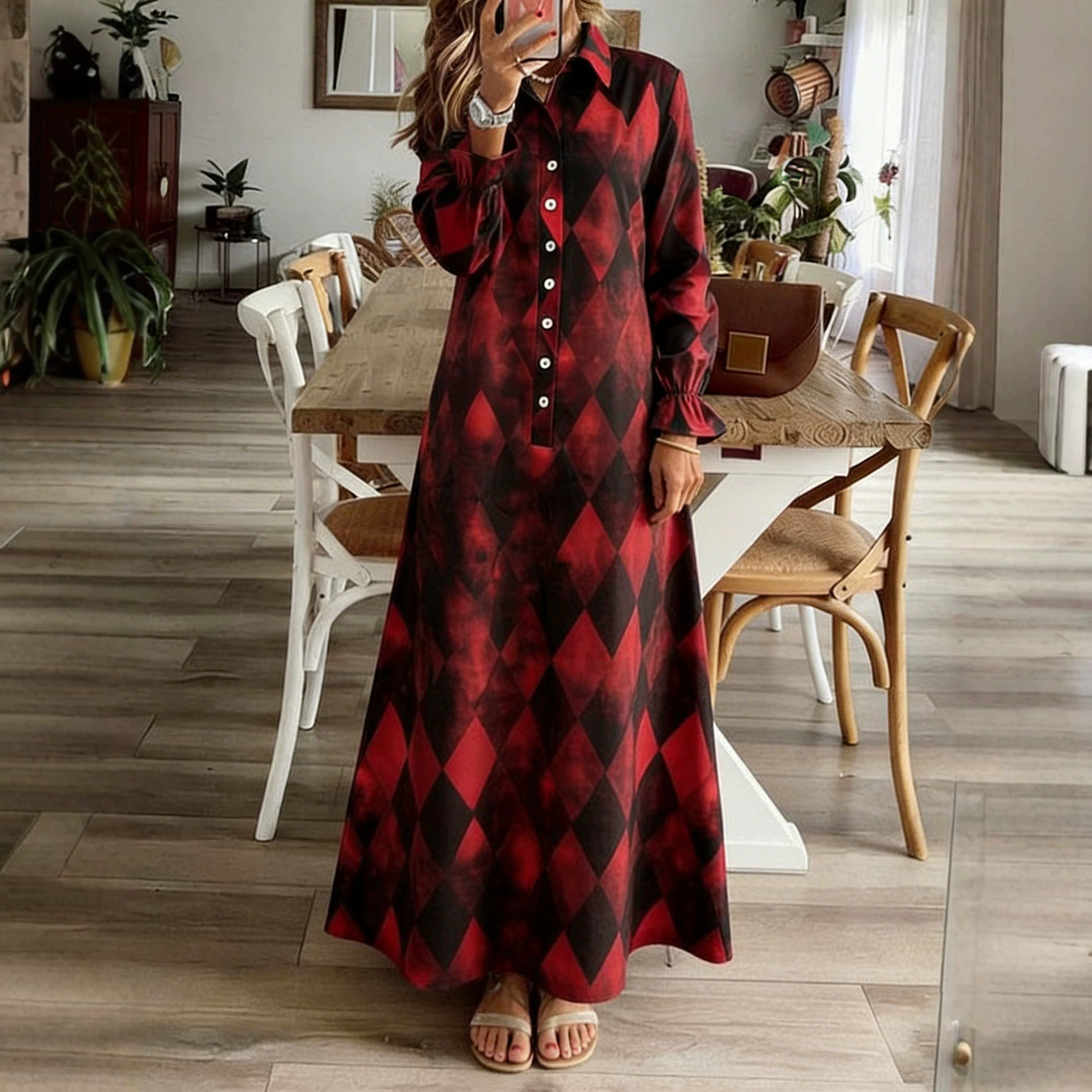 Plaid Ruffle Sleeve Loose A-Line Long Dress