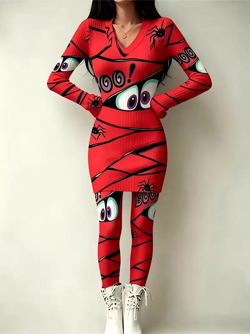 Anime Eye Print Long Sleeve Bodycon Top and Skirt Set