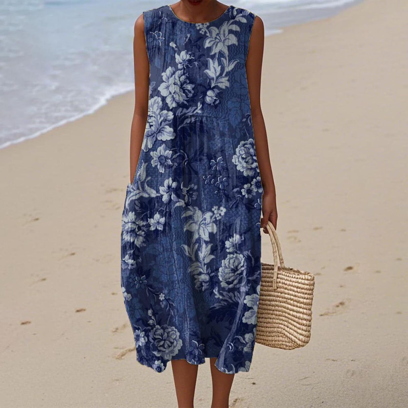 Women's Vintage Floral Print Midi Dress Sleeveless Round Neck Slim Fit