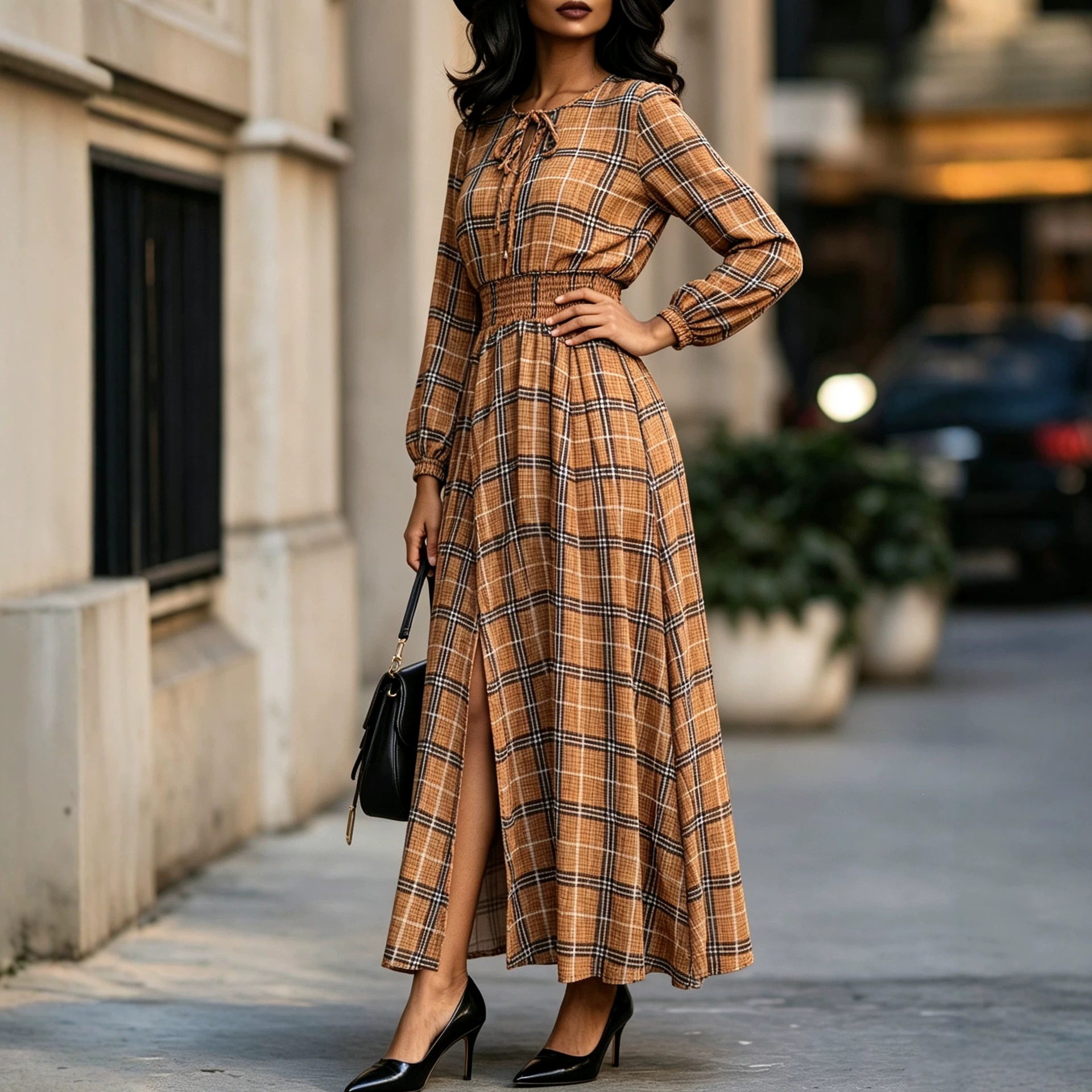 Floral Print Long Sleeve V-Neck Waist-Cinched Slit Maxi Dress