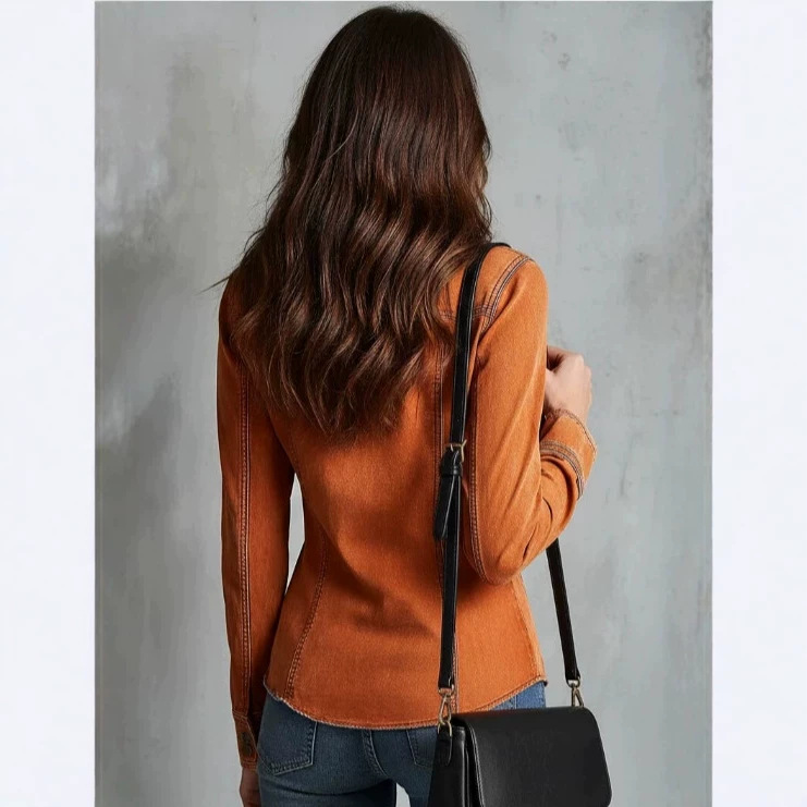 Retro Burnt Orange Zip Denim Jacket