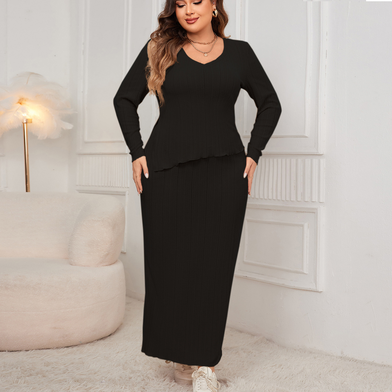 Women's Plus Size Long Sleeve Asymmetric Hem Bodycon Skirt Set