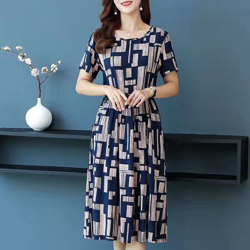 Women's Summer Midi Dress Short Sleeve Round Neck A-Line Slimming Casual