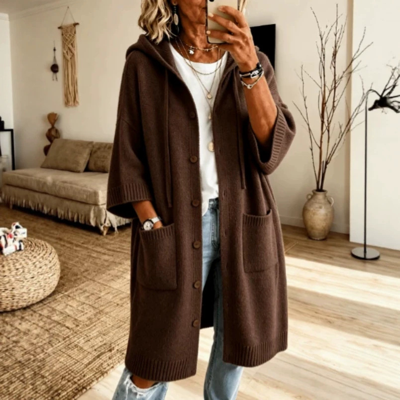 Women's Knit Hooded Drawstring Sweater Loose Fit Long Sleeve