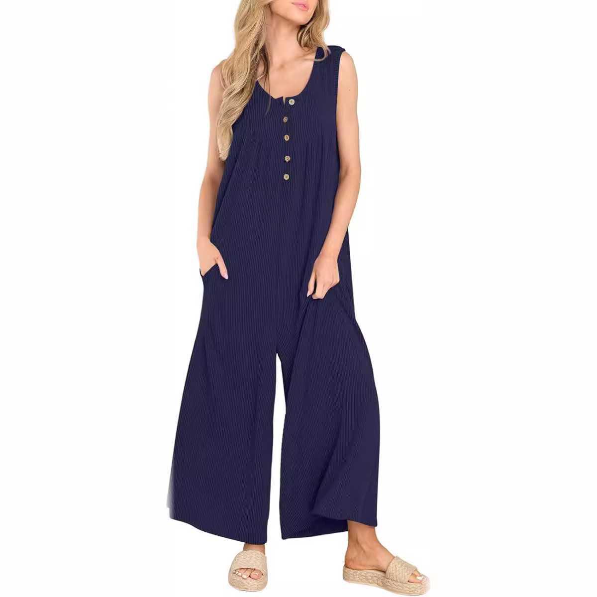 Women's Sleeveless Pocket Jumpsuit Casual Straight Leg