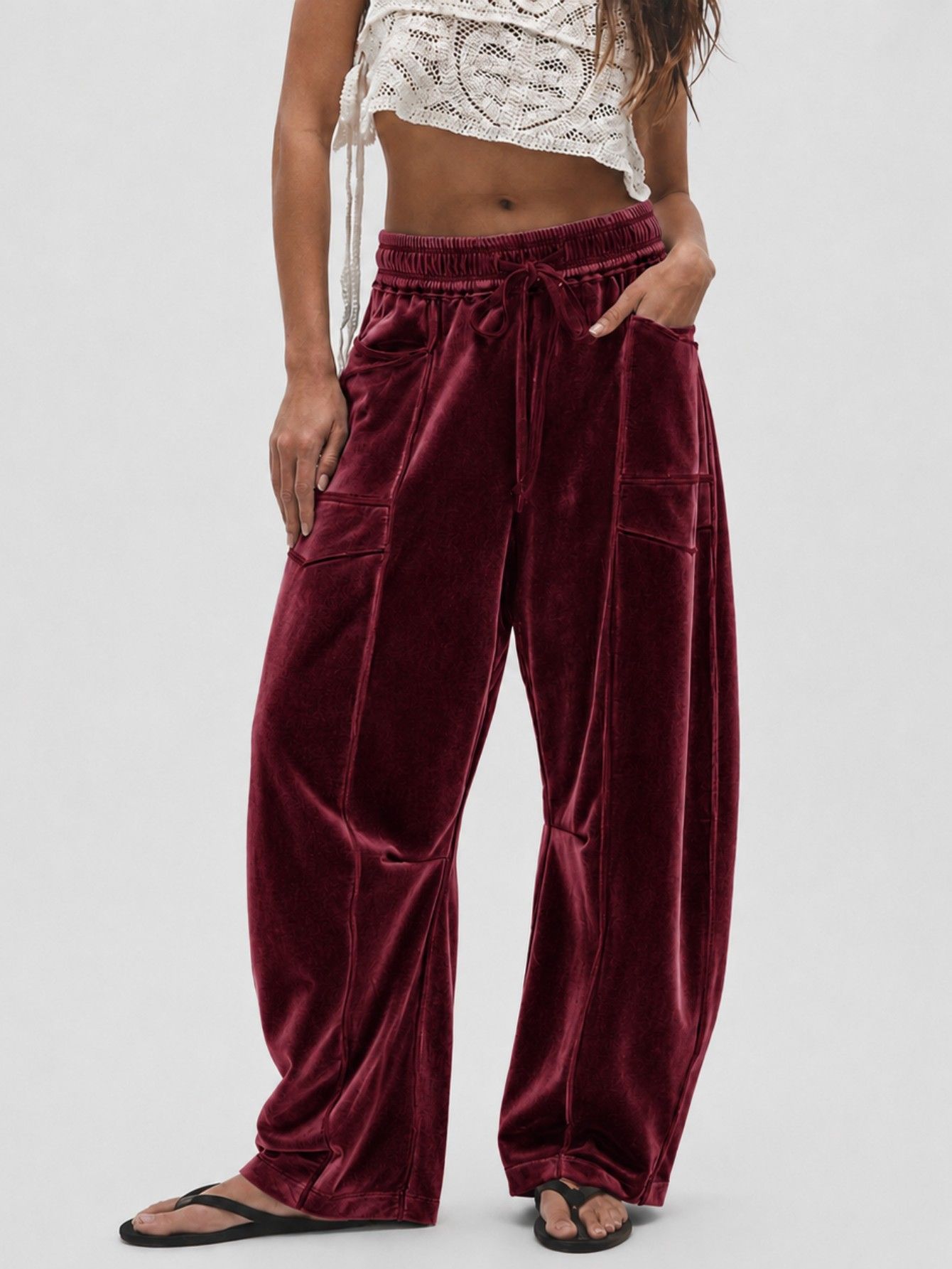 Women's Wide-Leg Velvet Pants with Drawstring Casual Loose Fit
